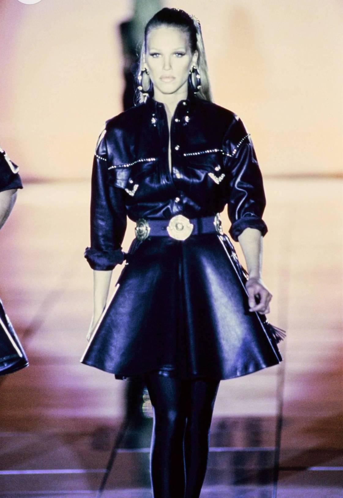 Gianni Versace Iconic 1992 Runway Black Leather Fringe Skirt For Sale 5