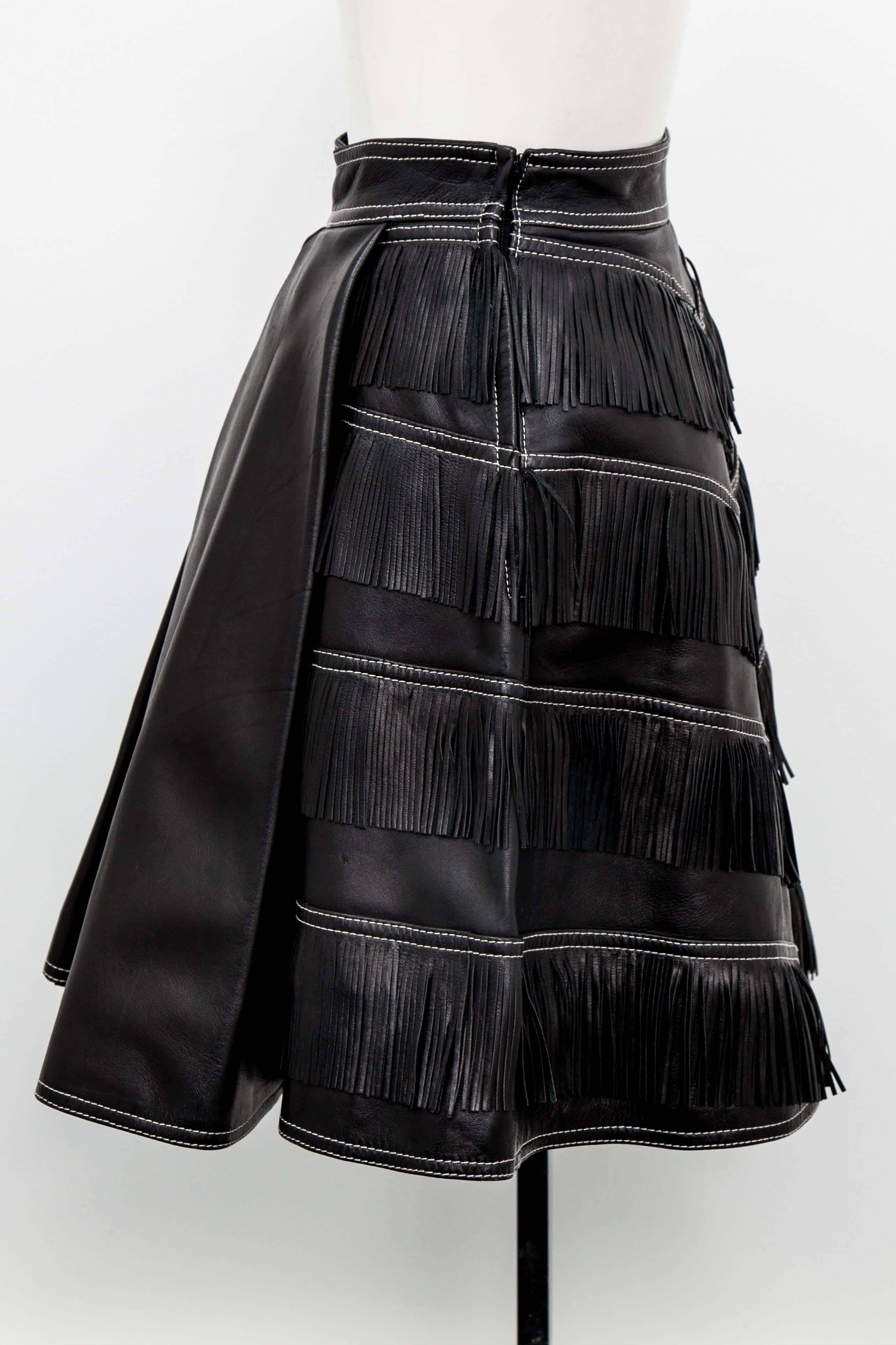 Gianni Versace Iconic 1992 Runway Black Leather Fringe Skirt In Excellent Condition In Chicago, IL
