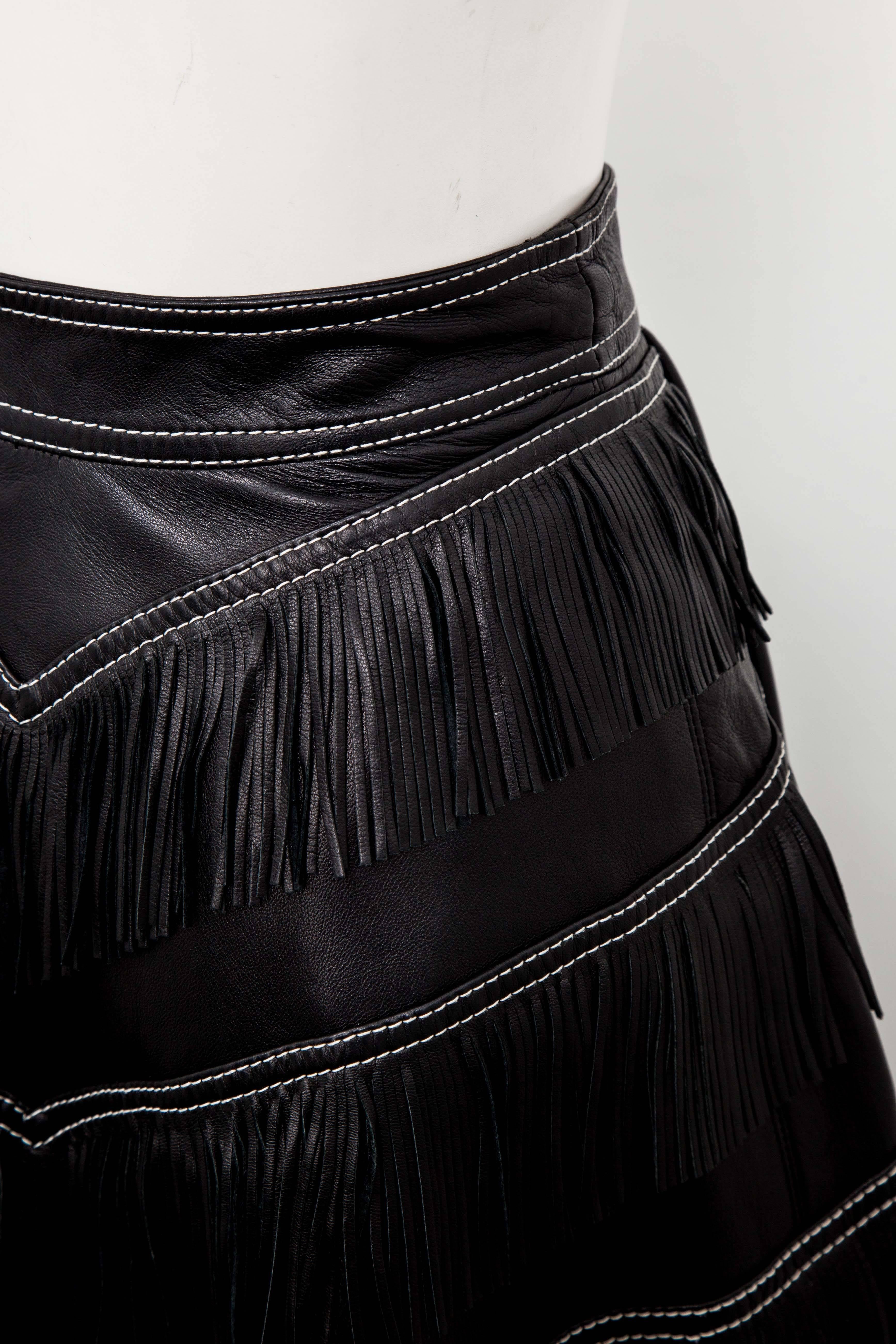 Women's Gianni Versace Iconic 1992 Runway Black Leather Fringe Skirt
