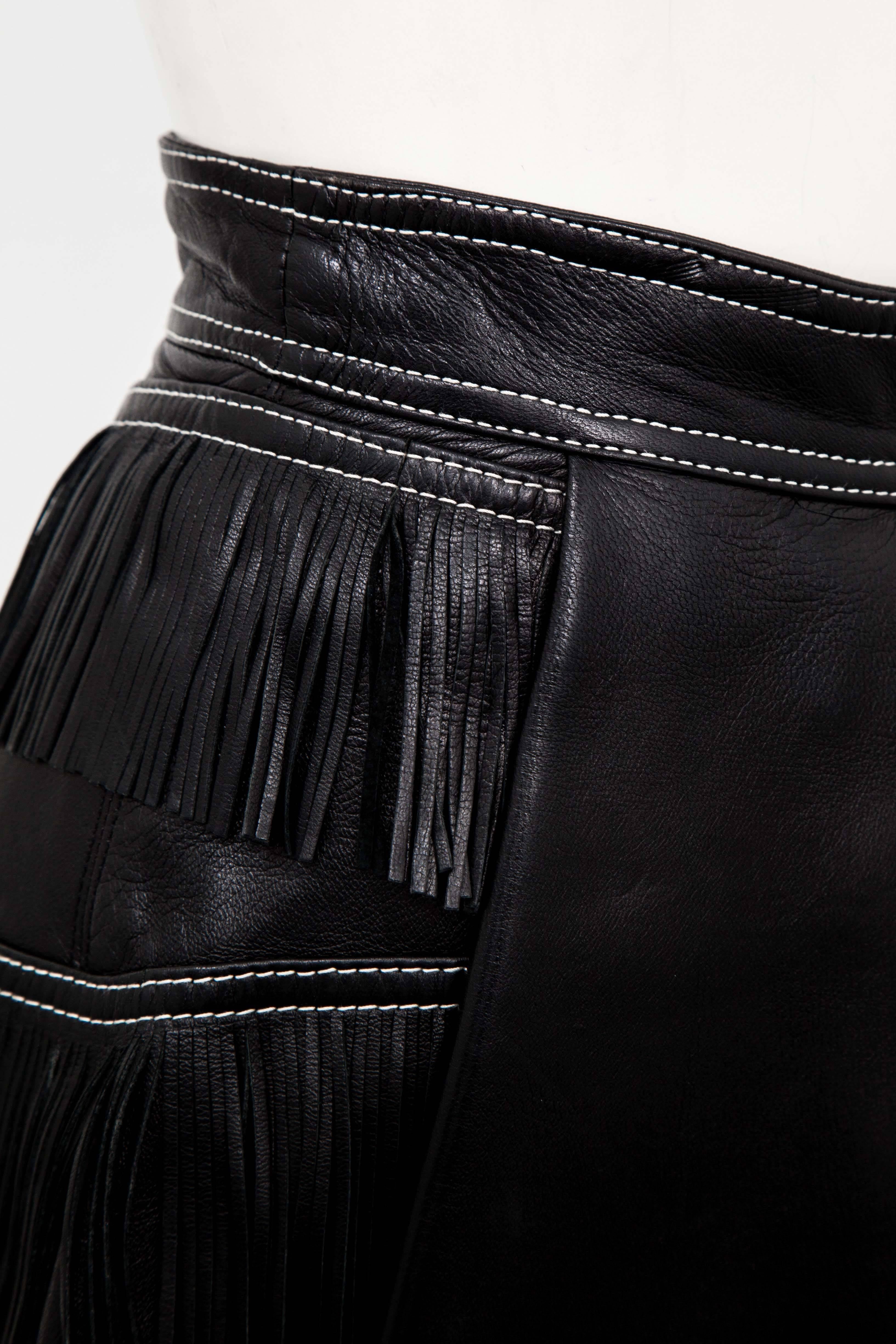 Gianni Versace Iconic 1992 Runway Black Leather Fringe Skirt For Sale 1
