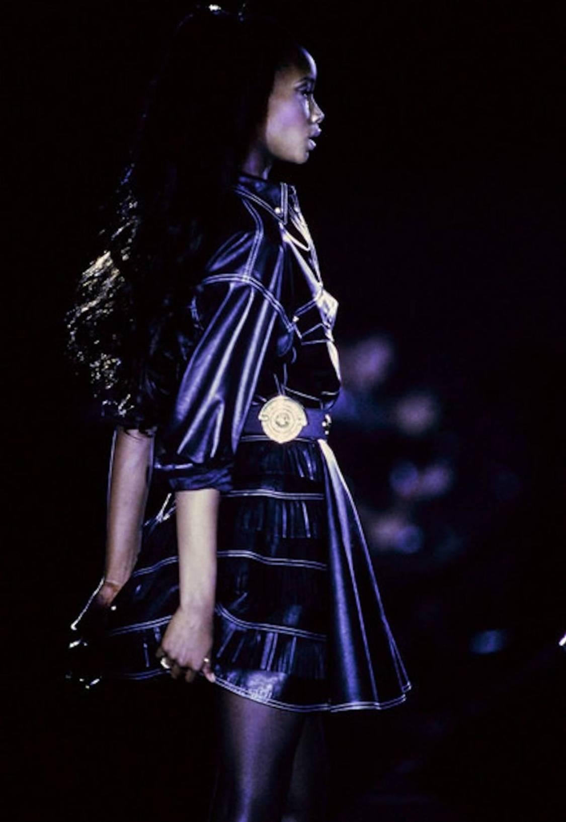 Gianni Versace Iconic 1992 Runway Black Leather Fringe Skirt For Sale 4