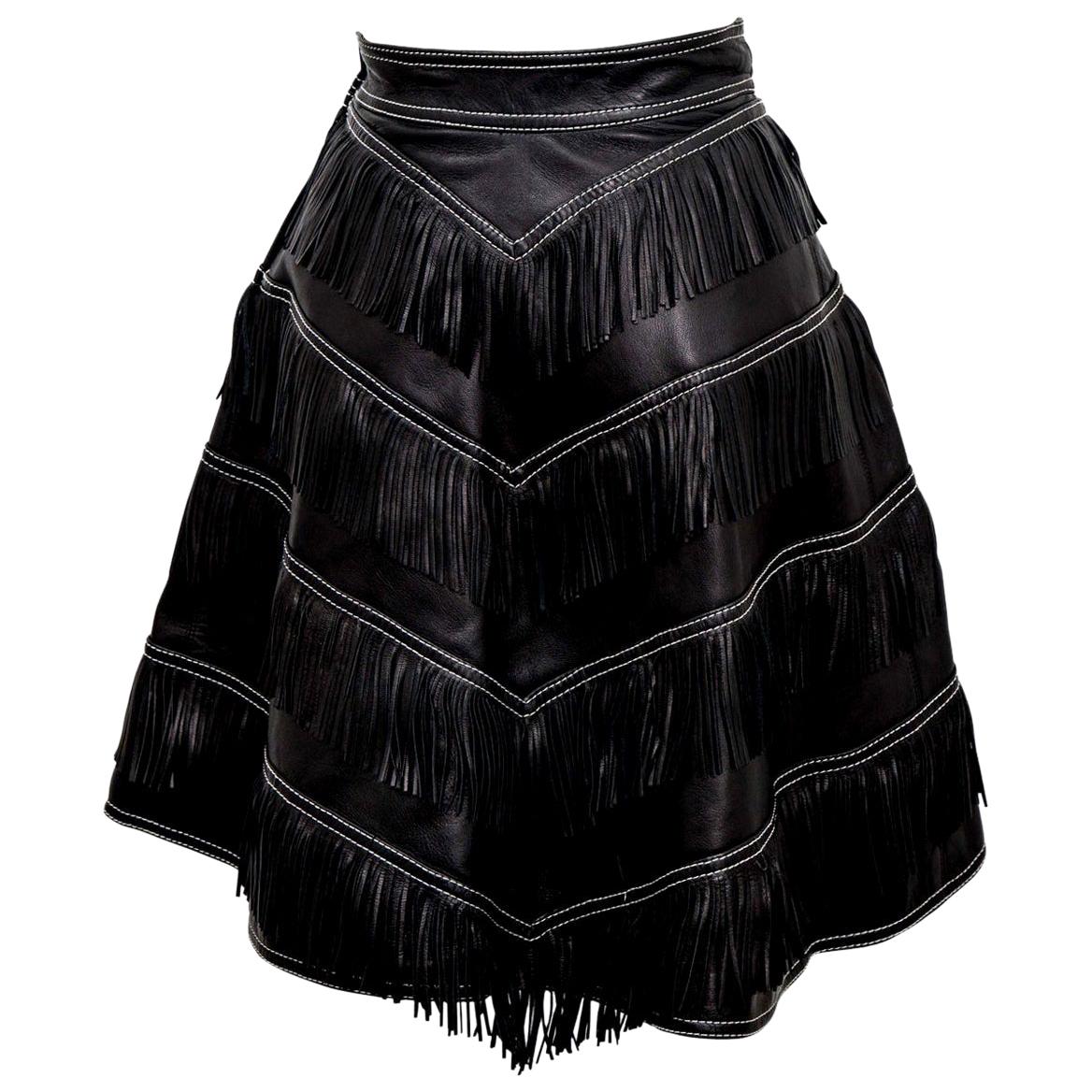 Gianni Versace Iconic 1992 Runway Black Leather Fringe Skirt For Sale