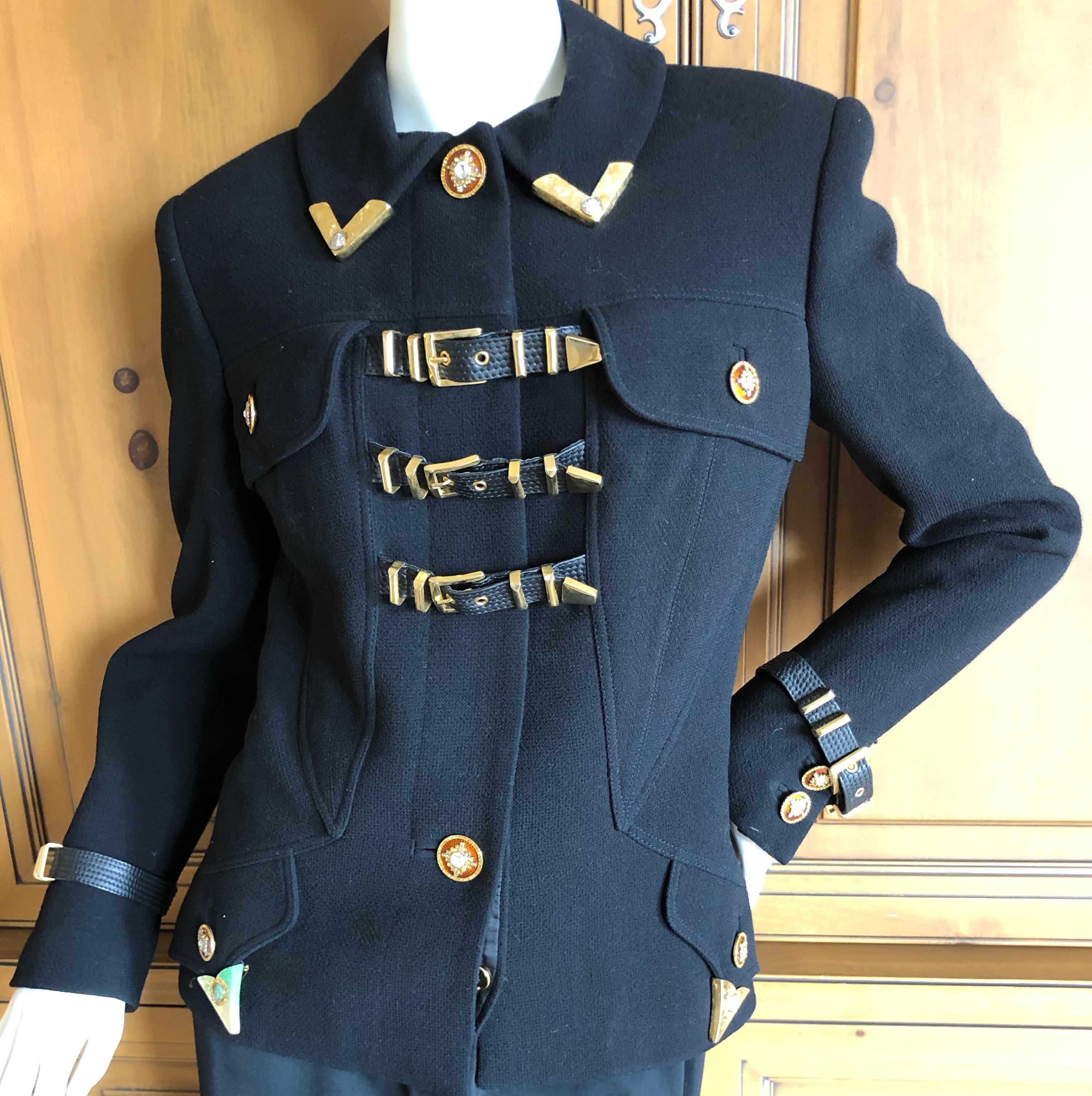 Women's Gianni Versace Iconic Fall 1992 Black Wool Jacket with Buckle Strap Closures