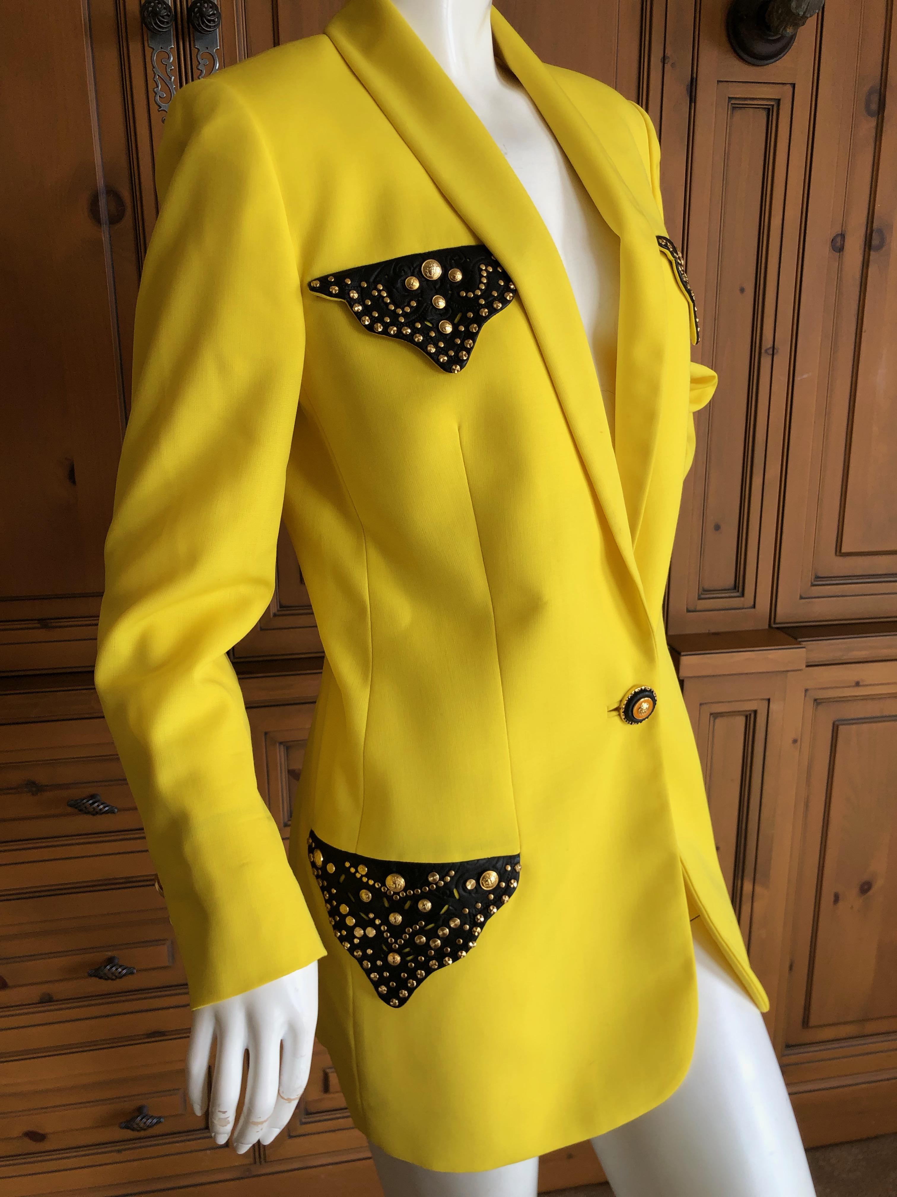 Gianni Versace Iconic Fall 1992 Screaming Yellow Jacket with Leather Details In Excellent Condition For Sale In Cloverdale, CA