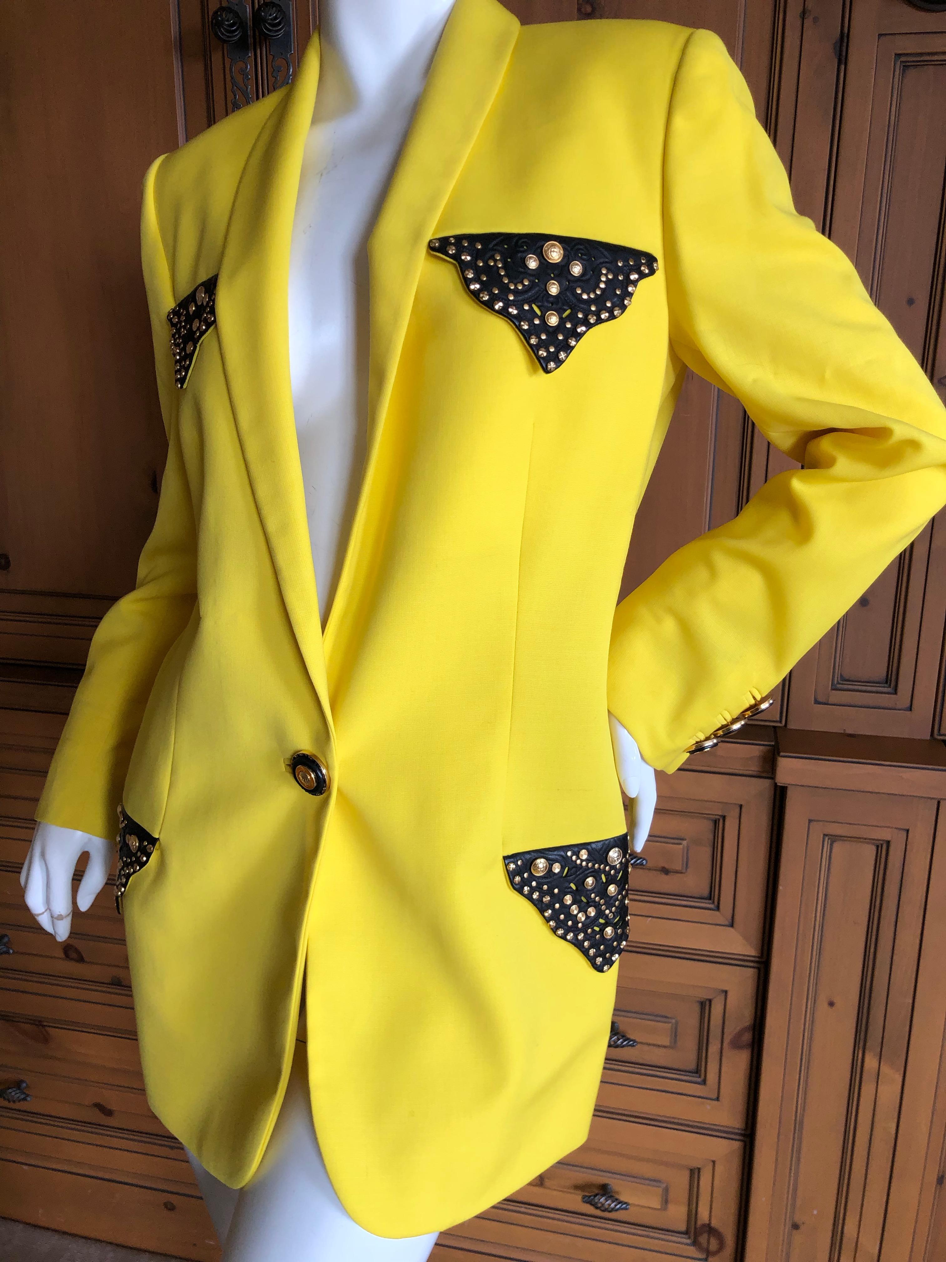 Women's Gianni Versace Iconic Fall 1992 Screaming Yellow Jacket with Leather Details For Sale