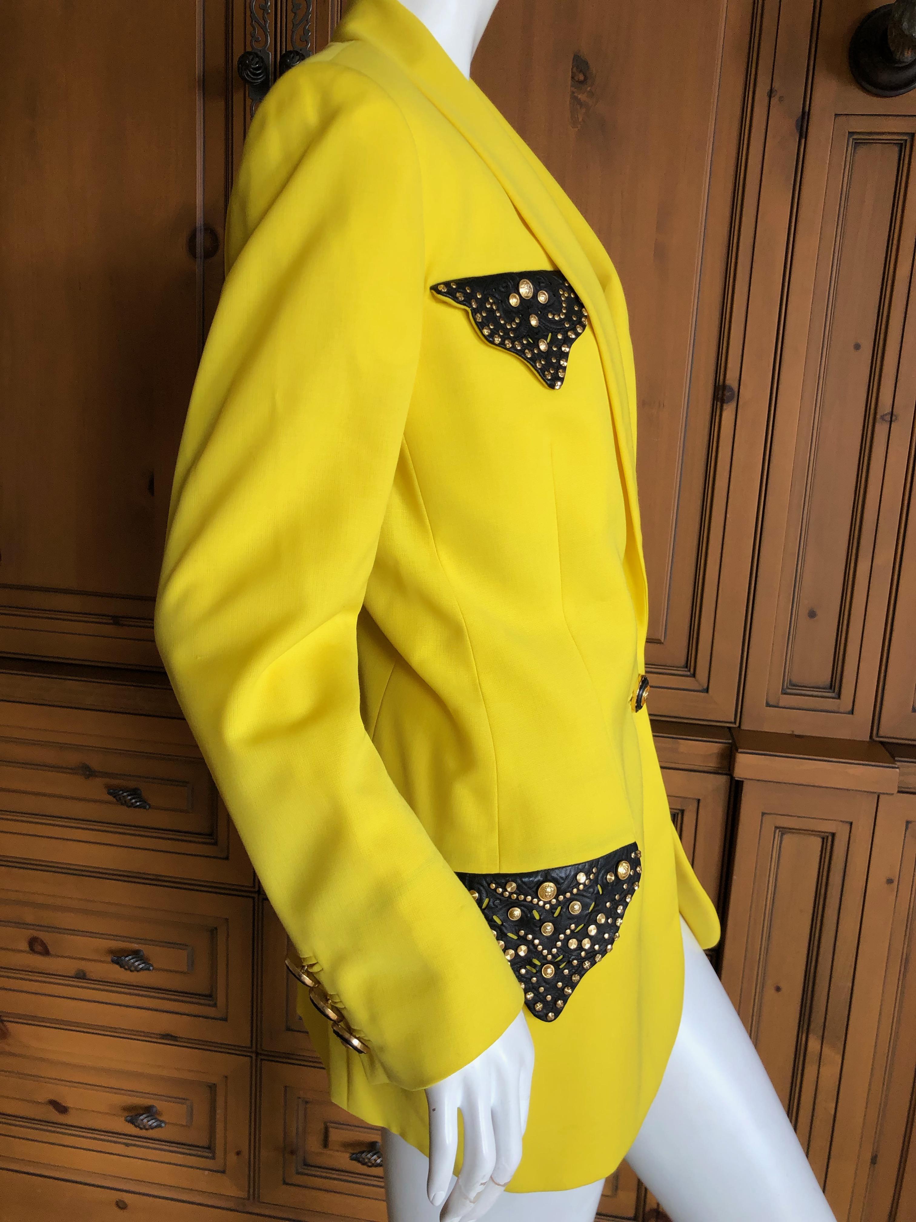 Gianni Versace Iconic Fall 1992 Screaming Yellow Jacket with Leather Details For Sale 4