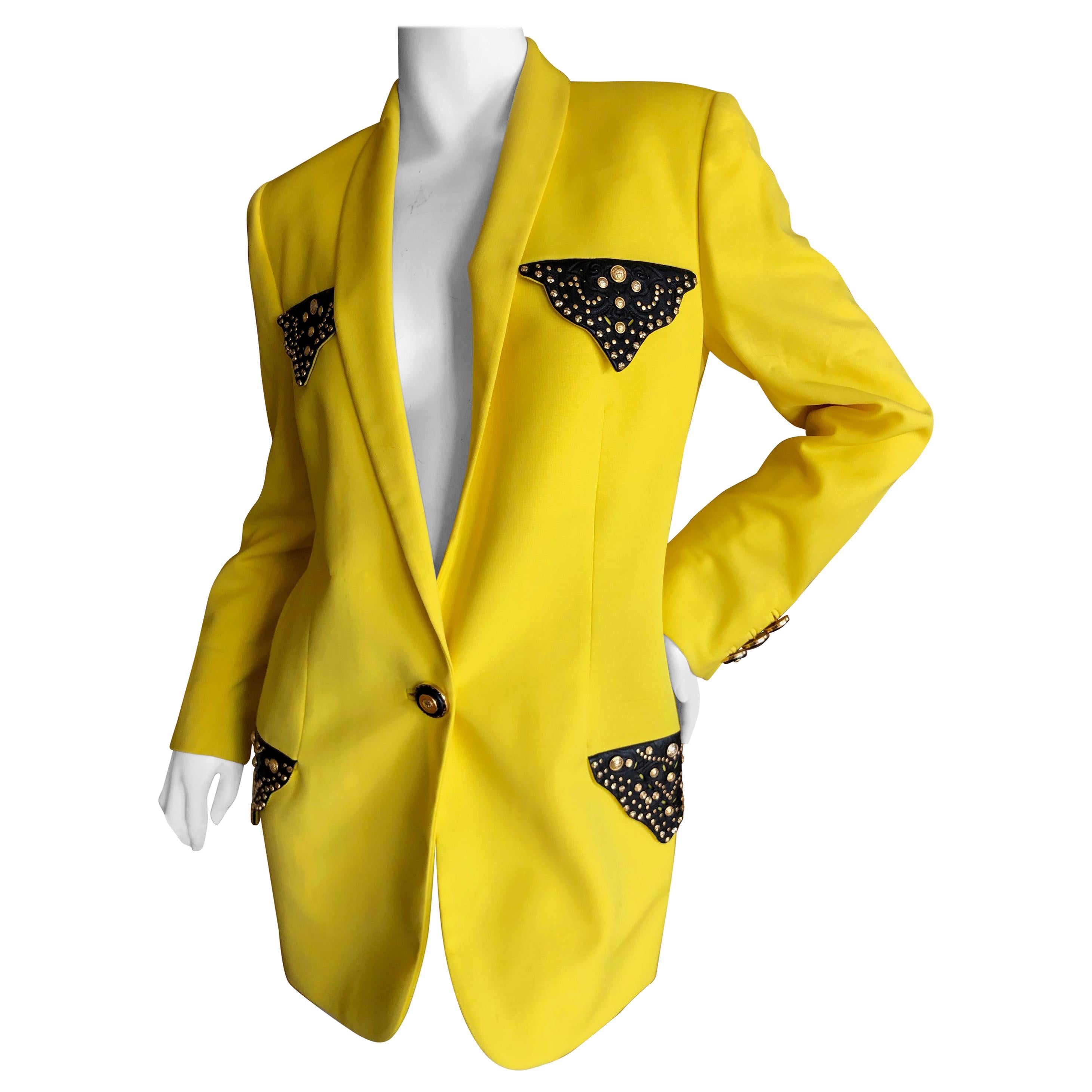 Gianni Versace Iconic Fall 1992 Screaming Yellow Jacket with Leather Details For Sale