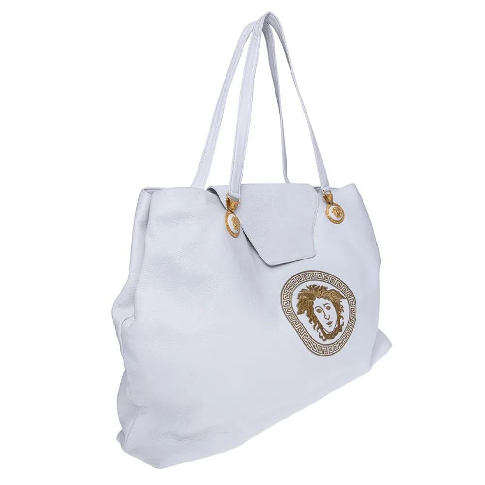 Gray Gianni Versace Iconic white leather logo shoulder bag