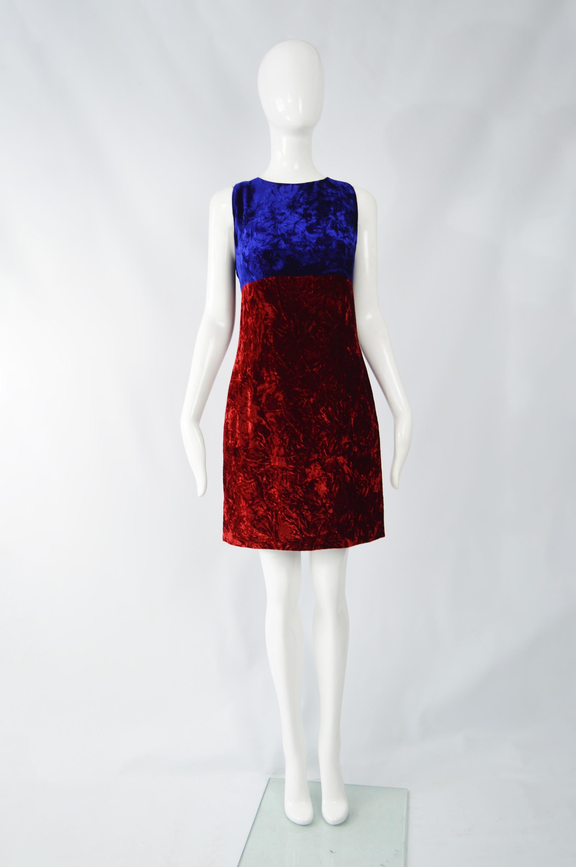 An amazing vintage womens dress from the 90s by legendary Italian fashion designer, Gianni Versace for the Istante line (which was designed by Gianni himself, unlike Donatella's Versus line). In a blue and red crushed velvet, perfect for a party or