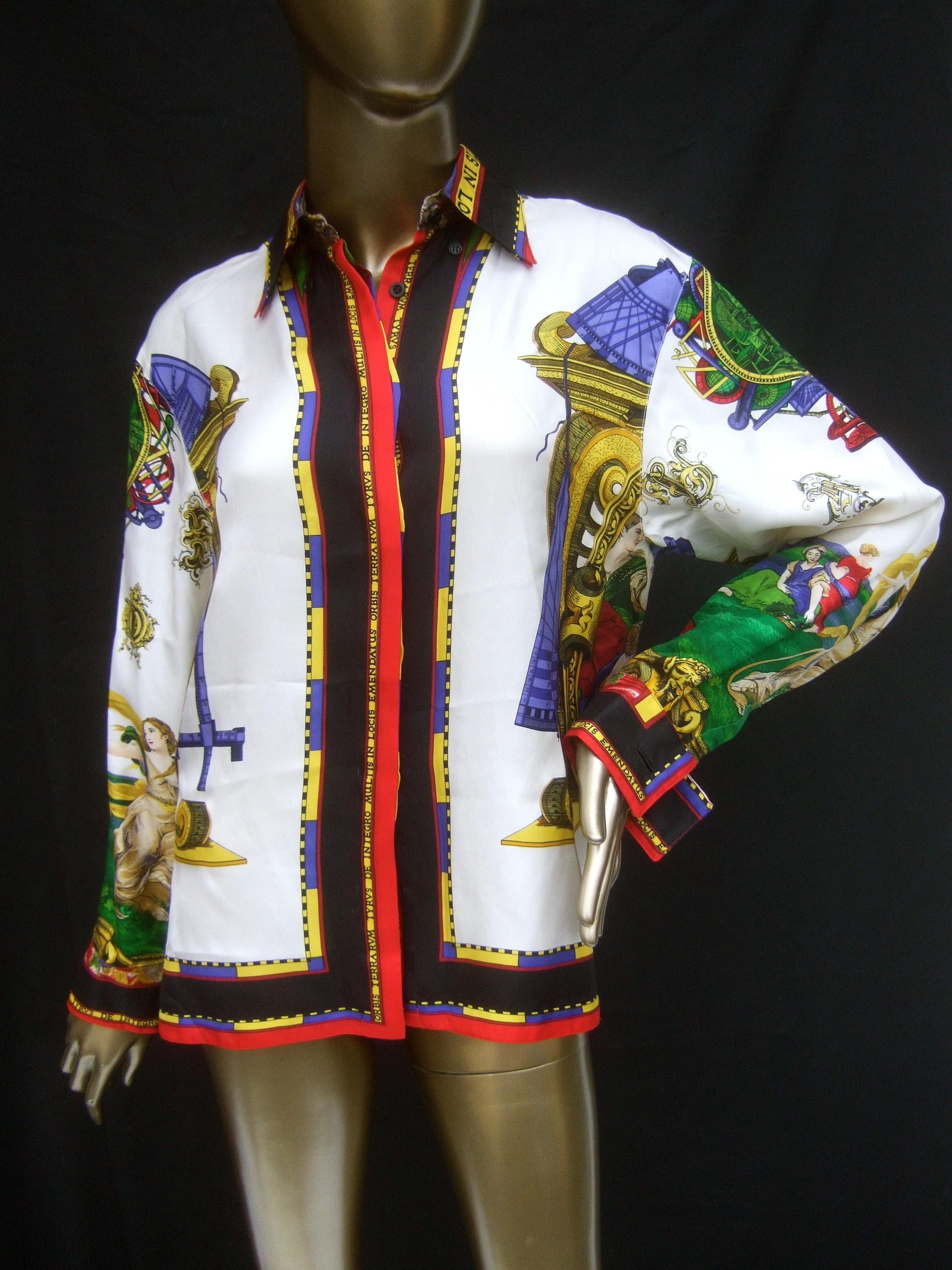 Gianni Versace Exquisite Italian graphic design silk blouse c 1990s
The stunning Italian silk blouse is illustrated with bold eye-catching
graphics of elegant renaissance style women captured in a lush
outdoor setting

The lower back section of the