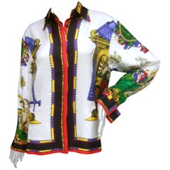 Gianni Versace Blusa de seda con diseño gráfico italiano circa años 90