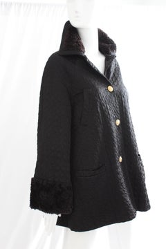Gianni Versace Jacket or Swing Coat Diamond Quilted Black Satin with Fur Trim 38