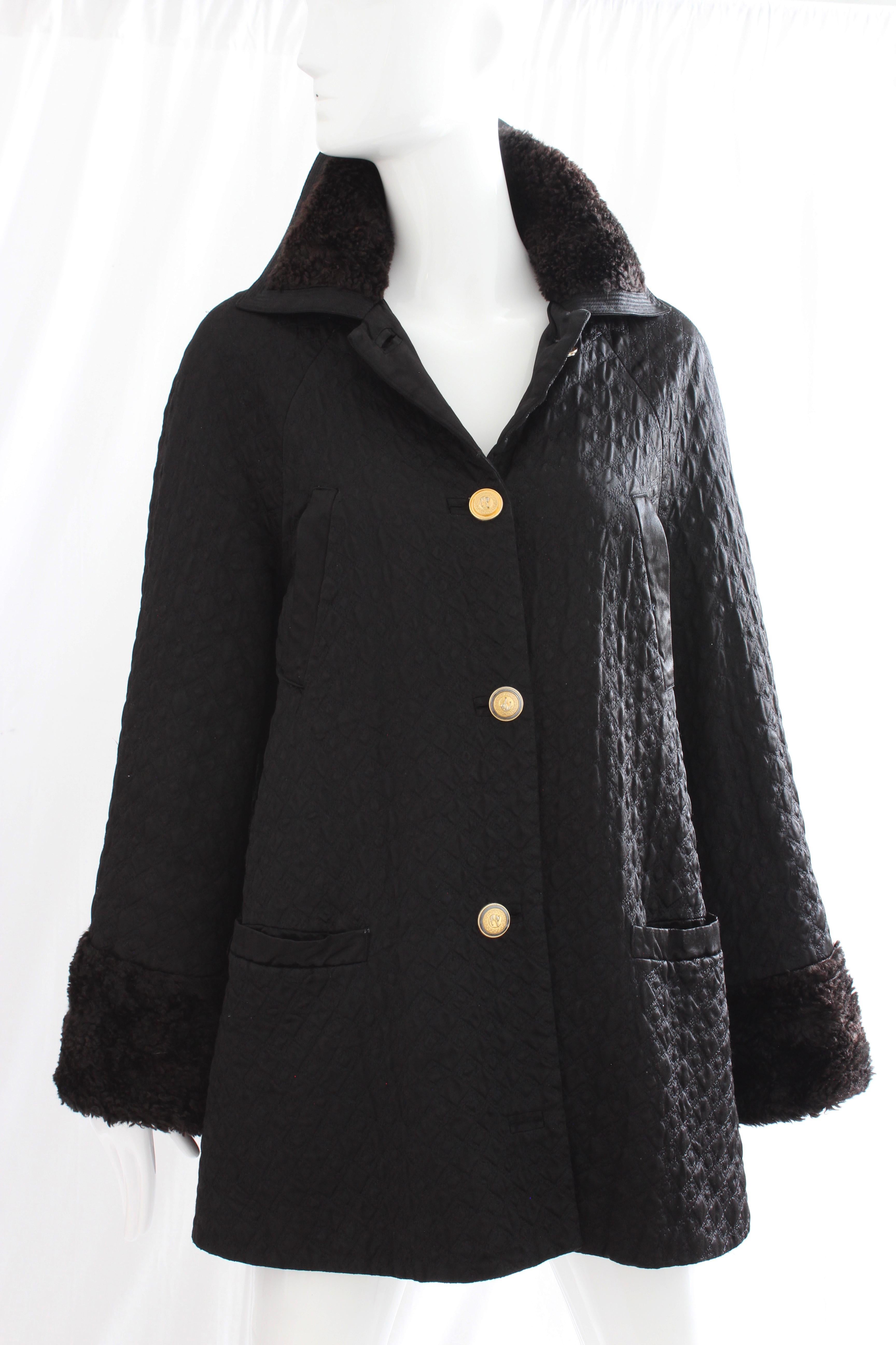 Women's Gianni Versace Jacket or Swing Coat Diamond Quilted Black Satin with Fur Trim 38