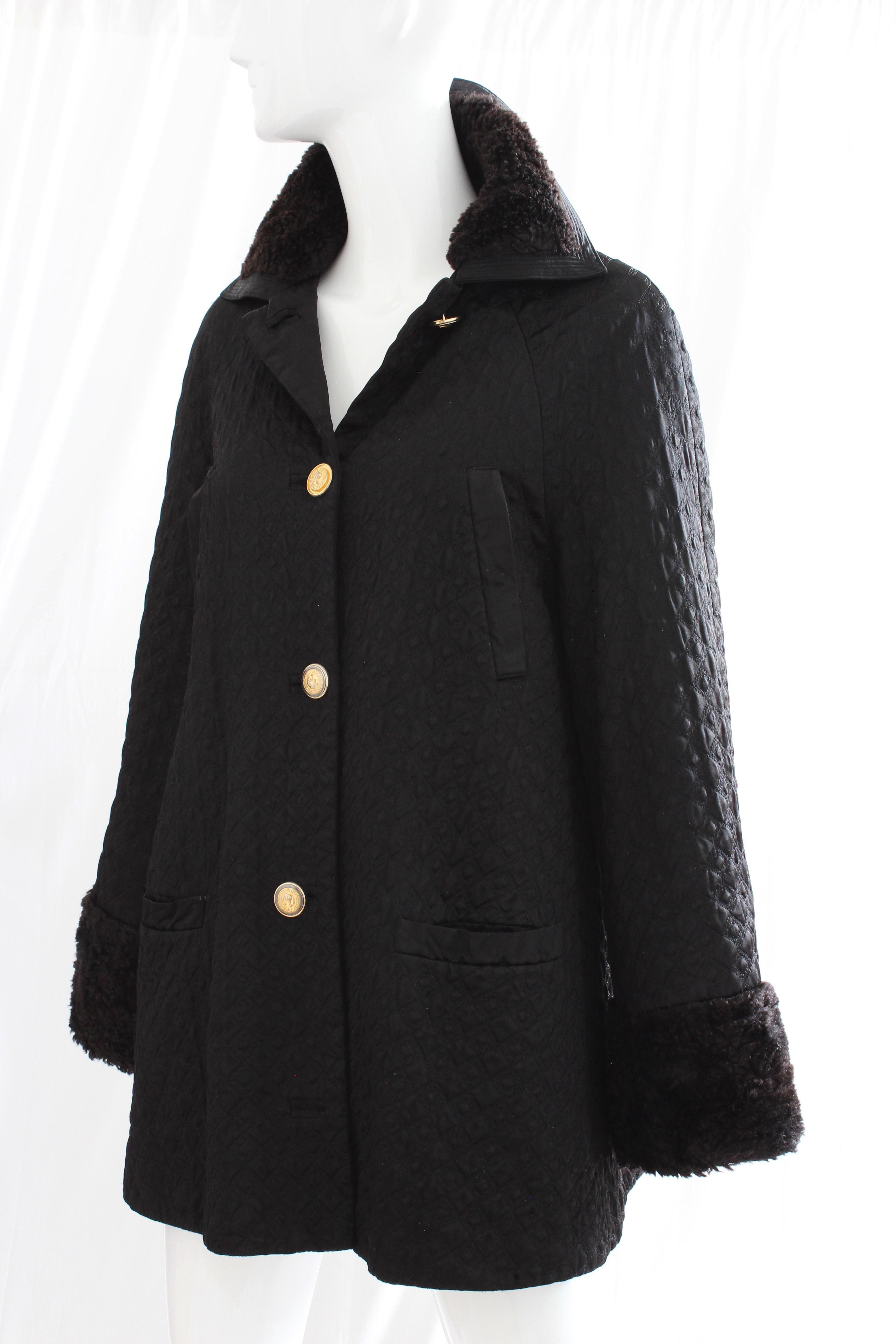 Gianni Versace Jacket or Swing Coat Diamond Quilted Black Satin with Fur Trim 38 1