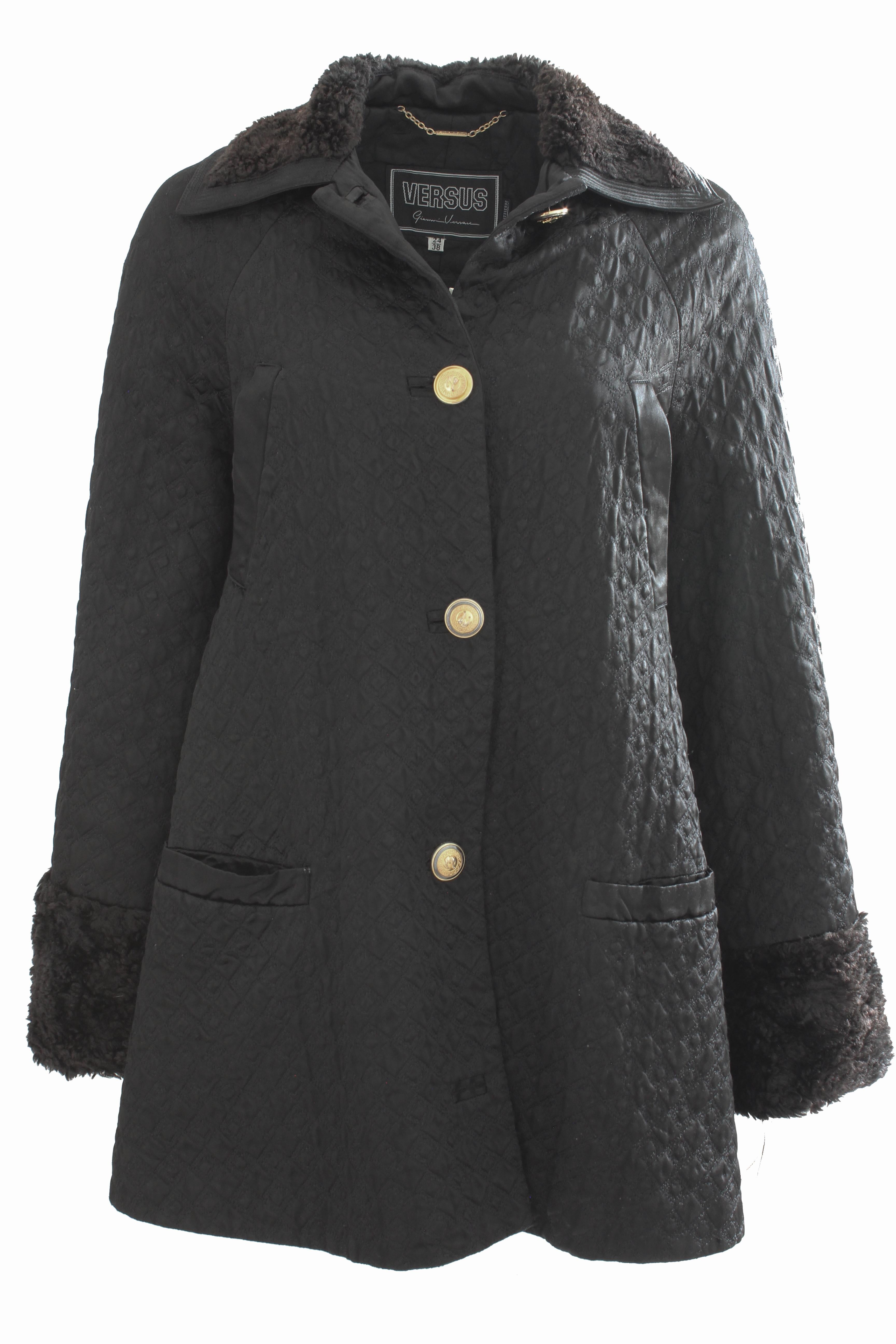 Gianni Versace Jacket or Swing Coat Diamond Quilted Black Satin with Fur Trim 38 3