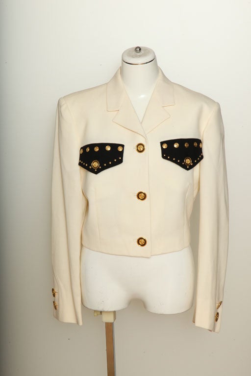 Gianni Versace Couture jacket with gold Medusa buttons. Ivory/Black.