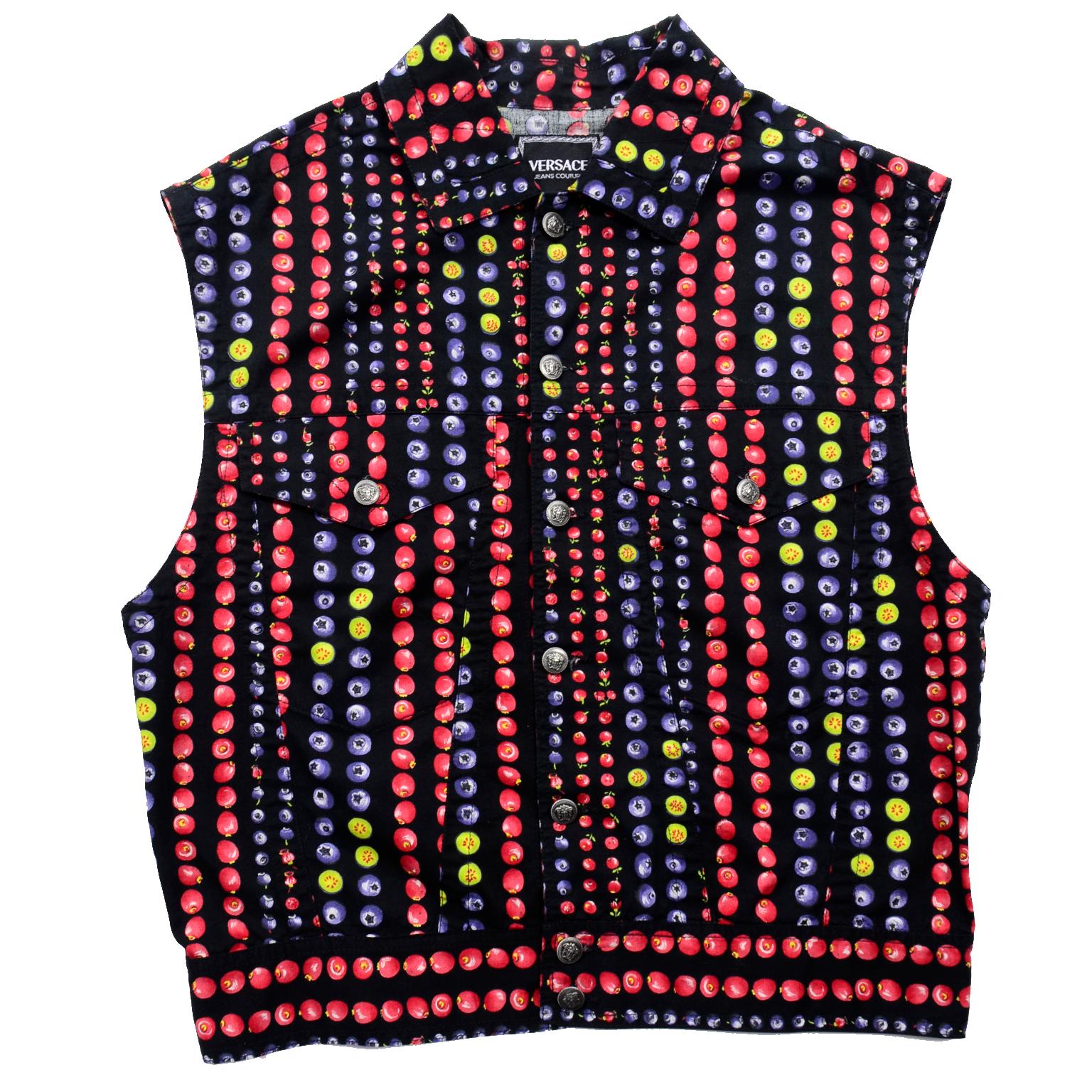 Gianni Versace Jeans Couture 1995 Multicolor Berries Fruit Vest w Medusa Buttons For Sale 3
