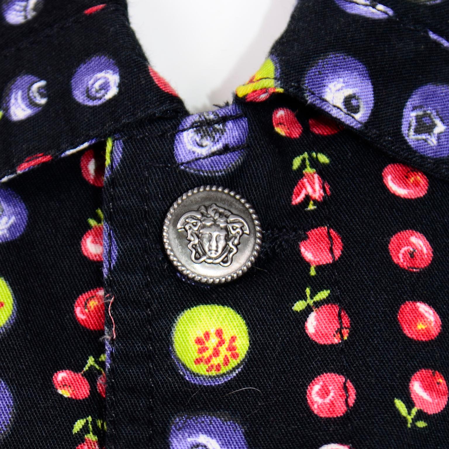Black Gianni Versace Jeans Couture 1995 Multicolor Berries Fruit Vest w Medusa Buttons For Sale