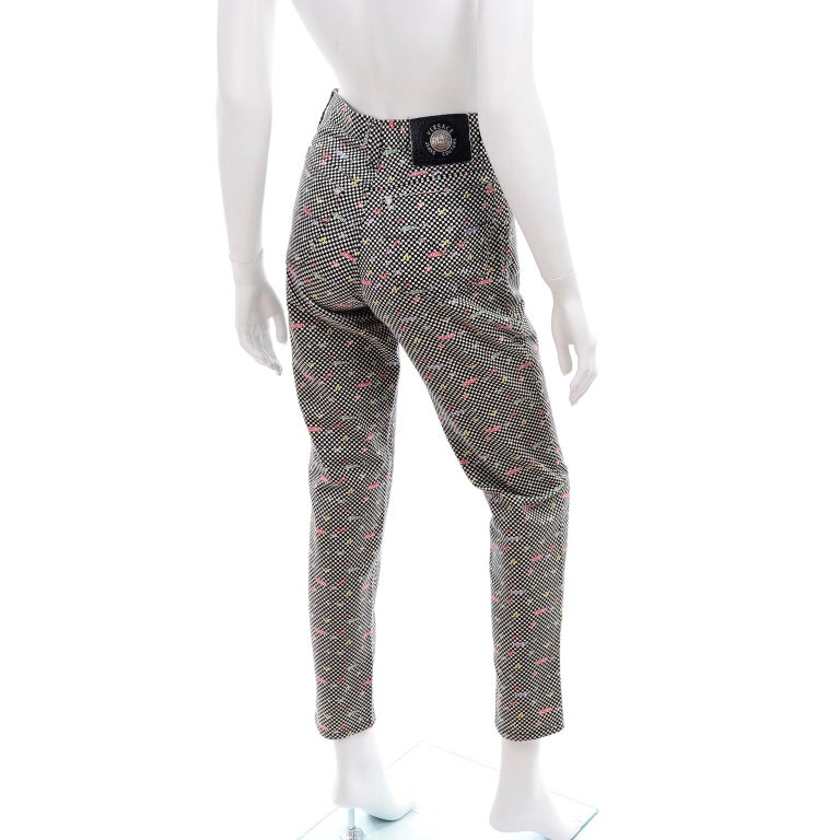 Gianni Versace Jeans Couture Vintage Black White Check Pants W Colorful  Monogram For Sale at 1stDibs