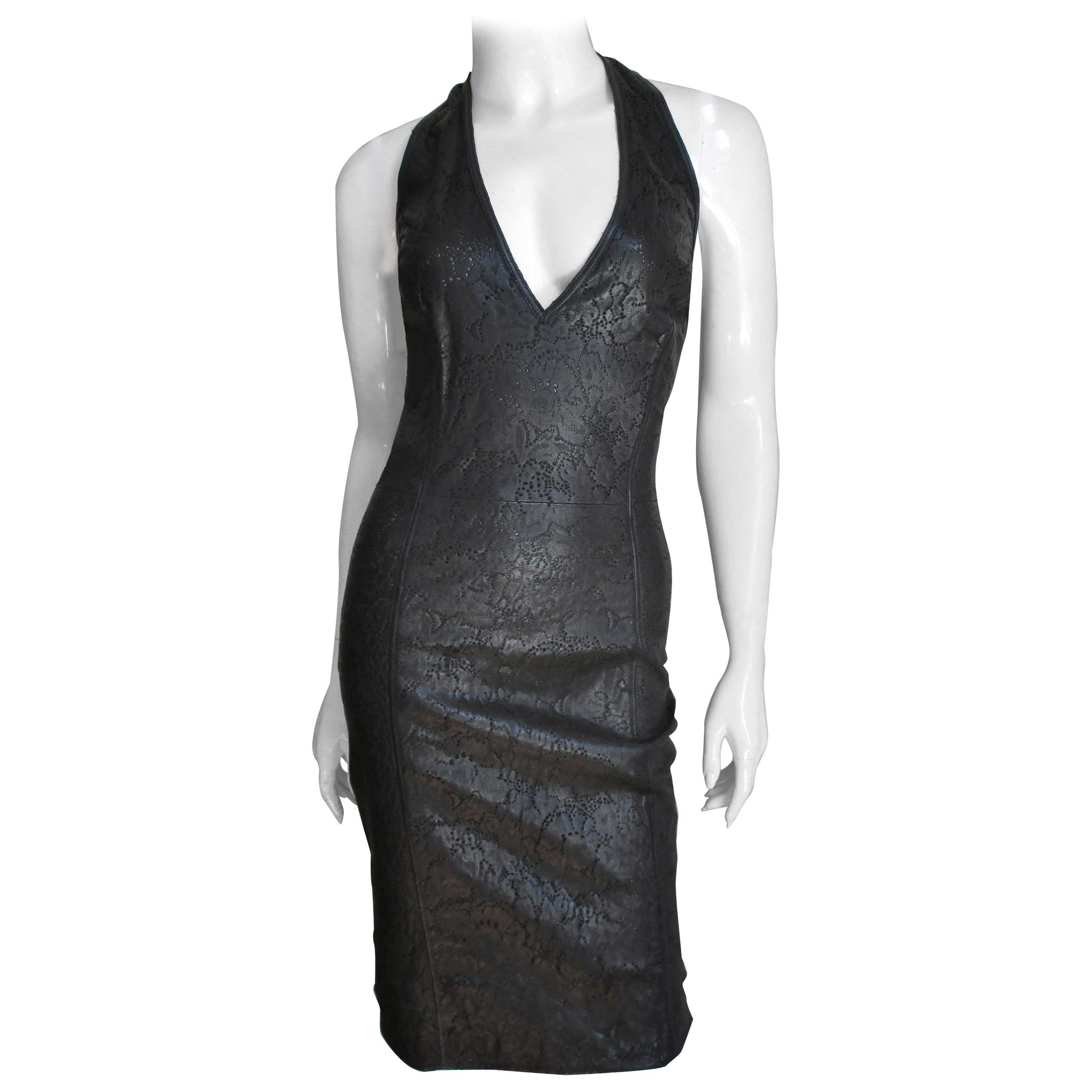 Gianni Versace Laser Perforated Leather Halter Dress For Sale at 1stDibs