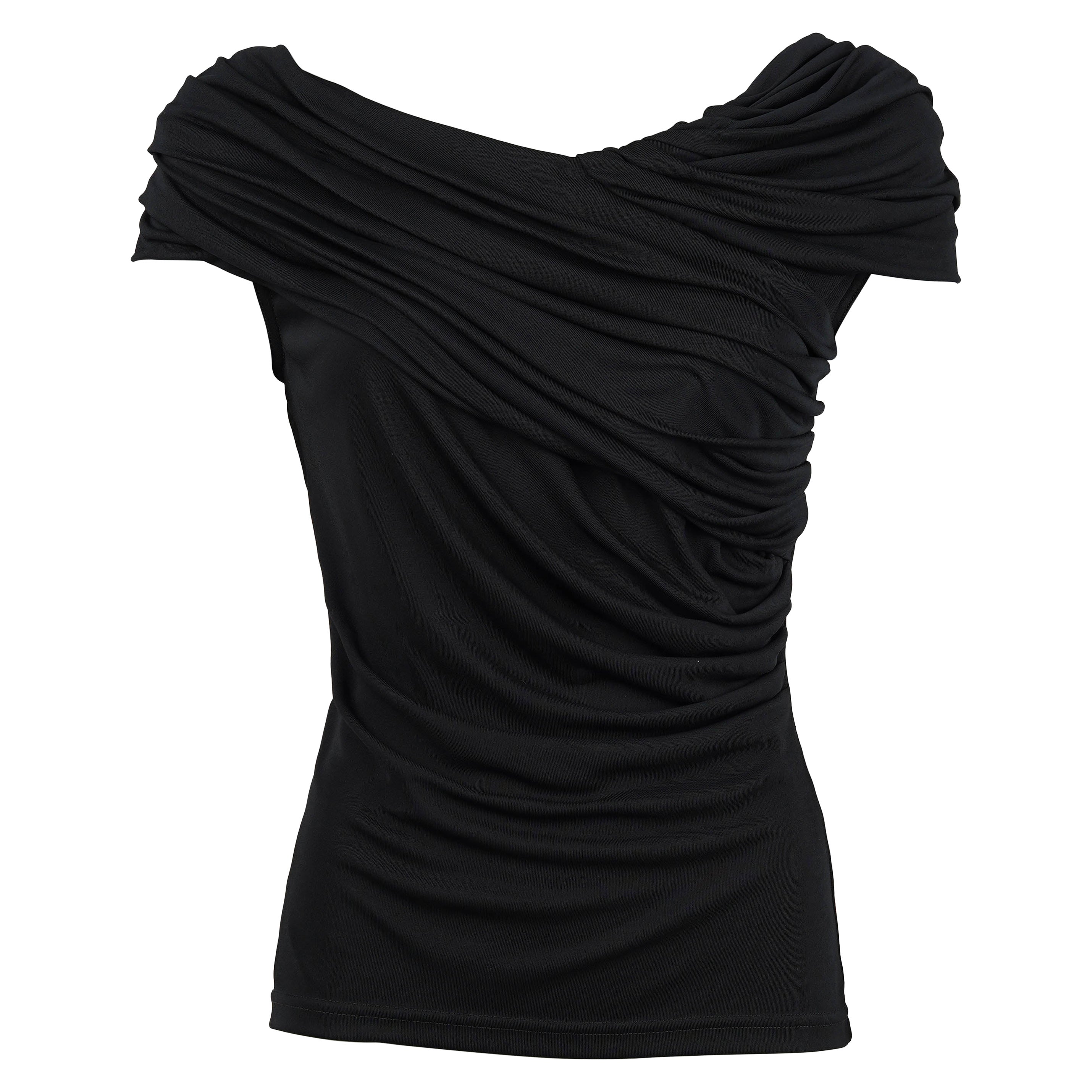 Gianni Versace, fine anni ’80: top nero in jersey di rayon drappeggiato con scollo a barchetta asimmetrico
