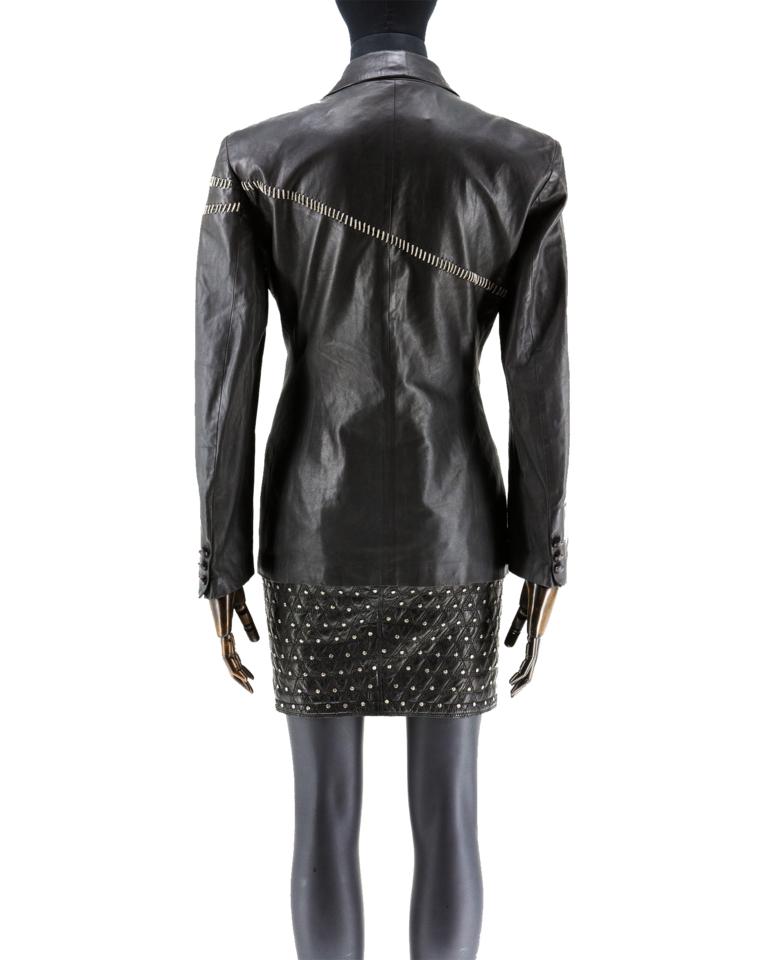 Noir Gianni Versace - Blazer en cuir avec surpiqûres en chaîne en vente