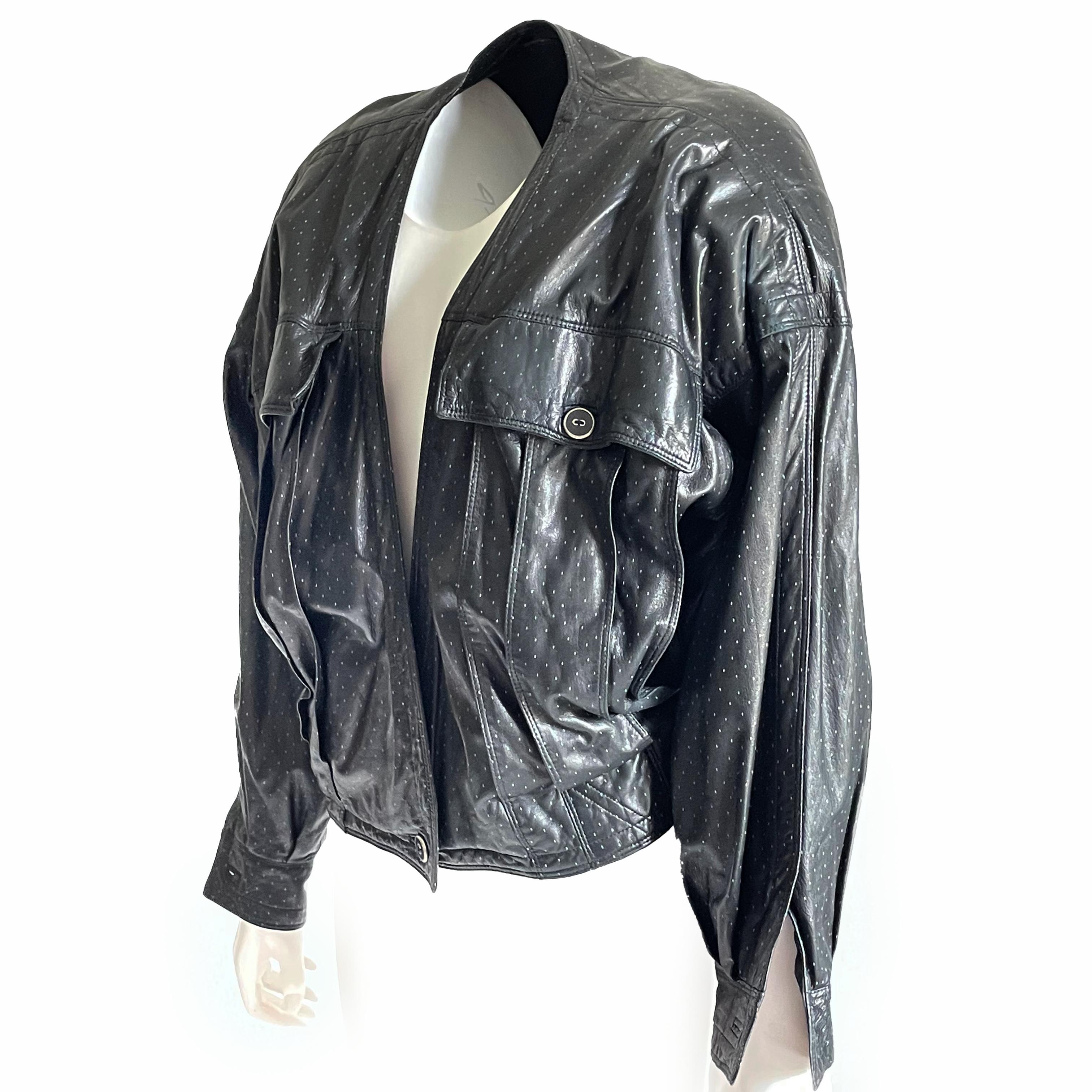 Gianni Versace Leather Bomber Jacket Black Dotted Lambskin Size M Early 90s  For Sale 1