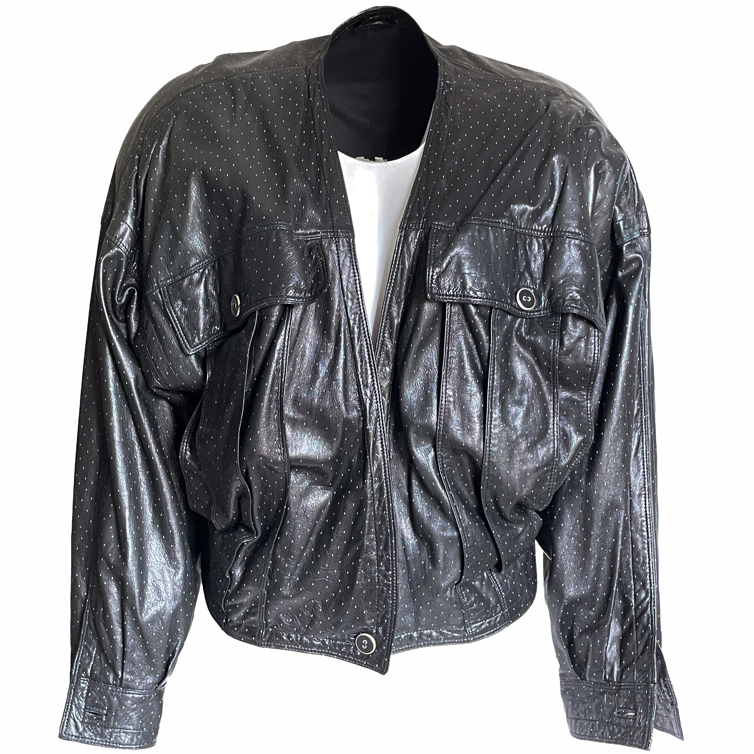 Gianni Versace Leather Bomber Jacket Black Dotted Lambskin Size M Early 90s  For Sale 3