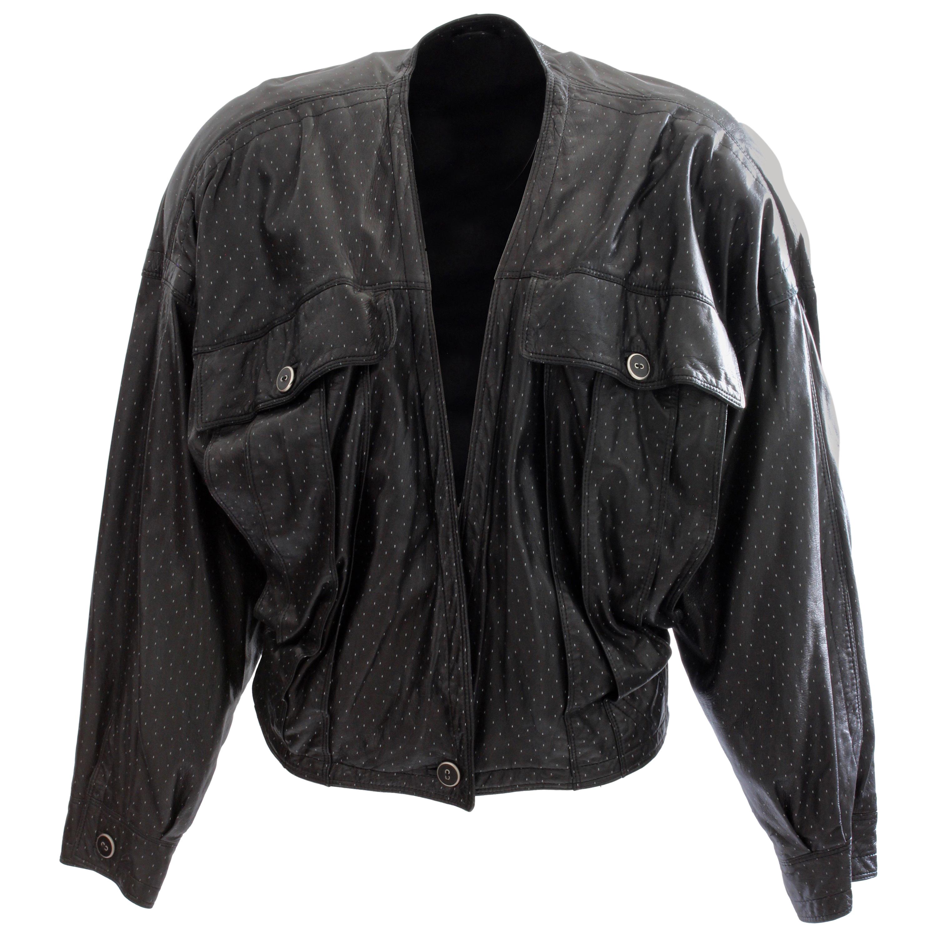 Gianni Versace Leather Bomber Jacket Black Dotted Lambskin Size M Early 90s  For Sale
