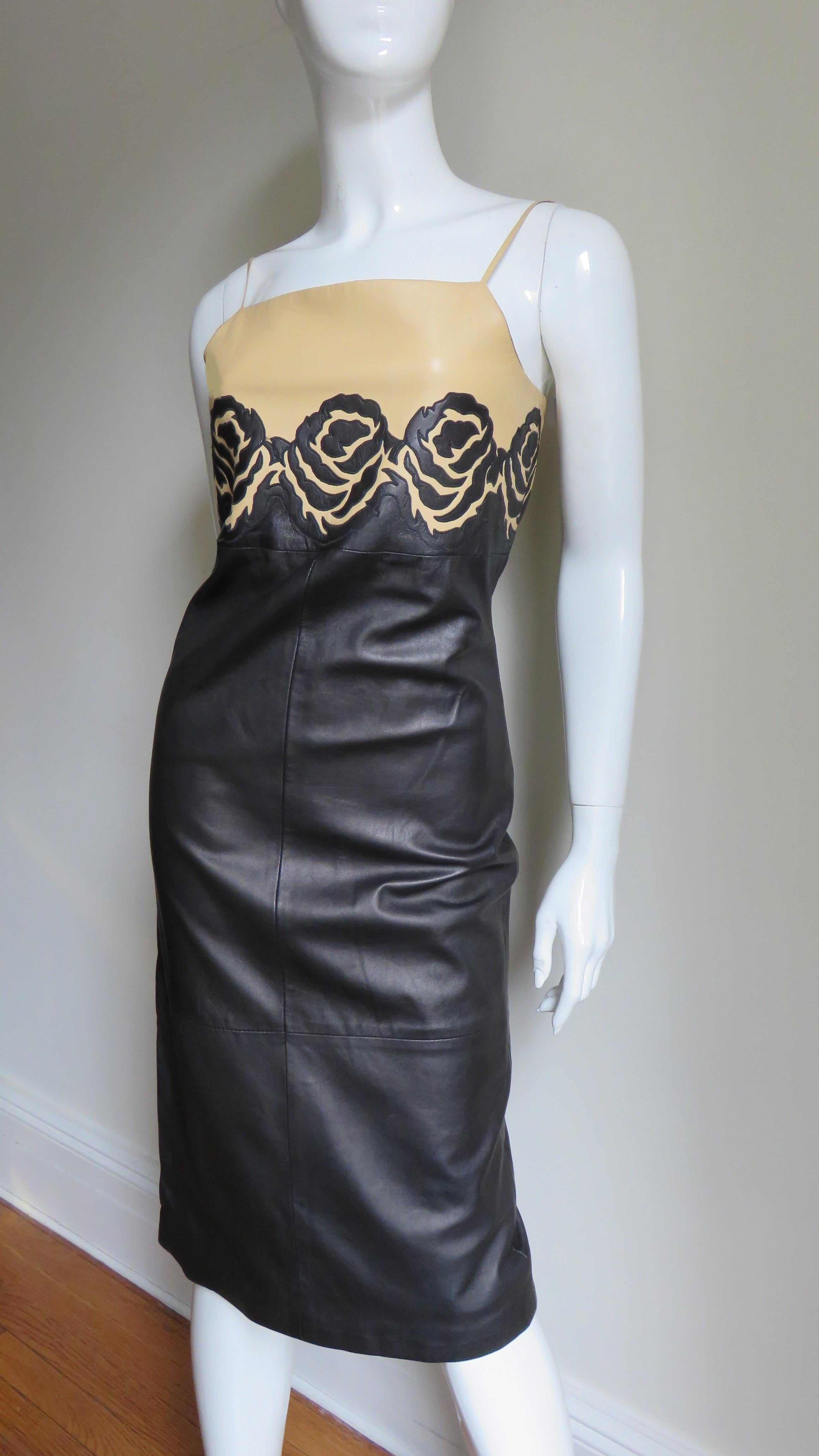  Gianni Versace Leather Color Block Dress with Applique Roses 1990s 2