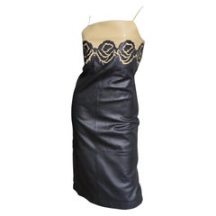 Retro Gianni Versace Leather Color Block Dress with Applique Roses 1990s