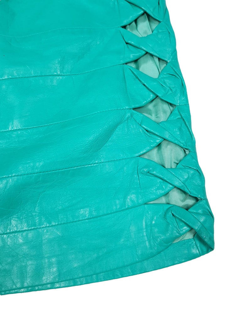 Blue GIANNI VERSACE Leather cut out twisted Mini Skirt, c. 1990s For Sale