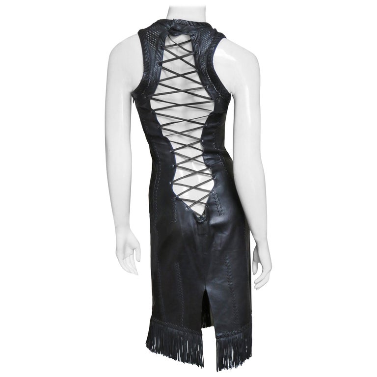 Gianni Versace Leather Fringe Lace up Back Dress For Sale