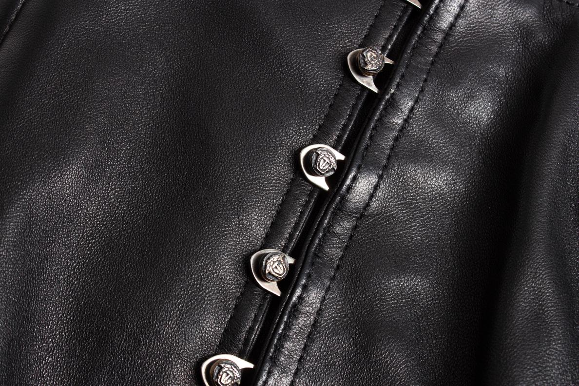 Women's Gianni Versace, leather skirt with medusa pins For Sale