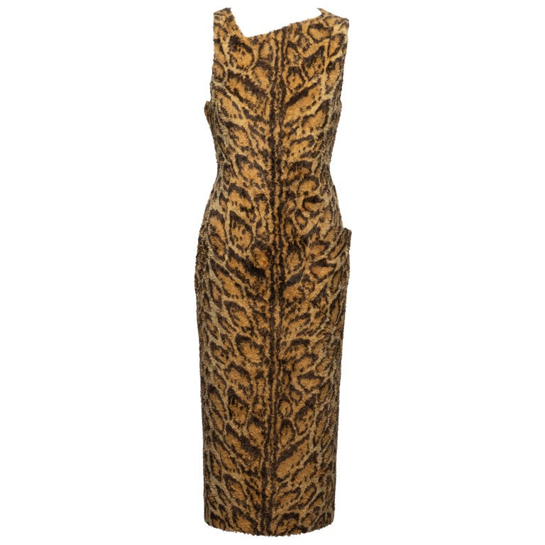 Gianni Versace Leopard Print Faux Fur Sheath Dress, FW 1996 For