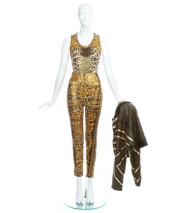 Gianni Versace leopard printed ensemble with studded leather jacket, ss 1992
