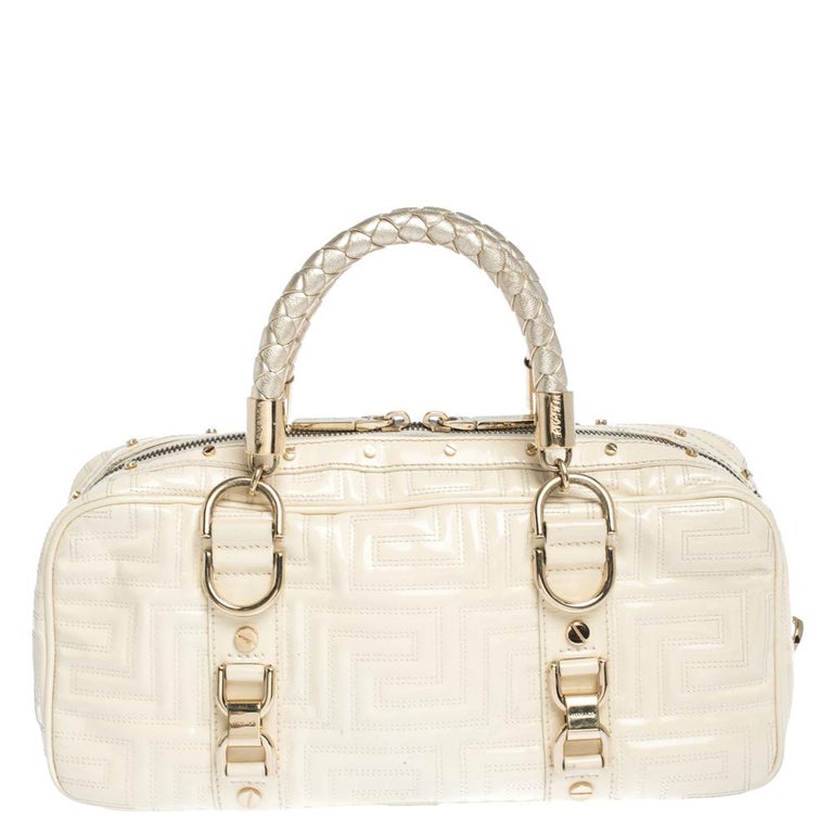 Gianni Versace Light Cream Quilted Patent Leather Bowler Bag at 1stDibs