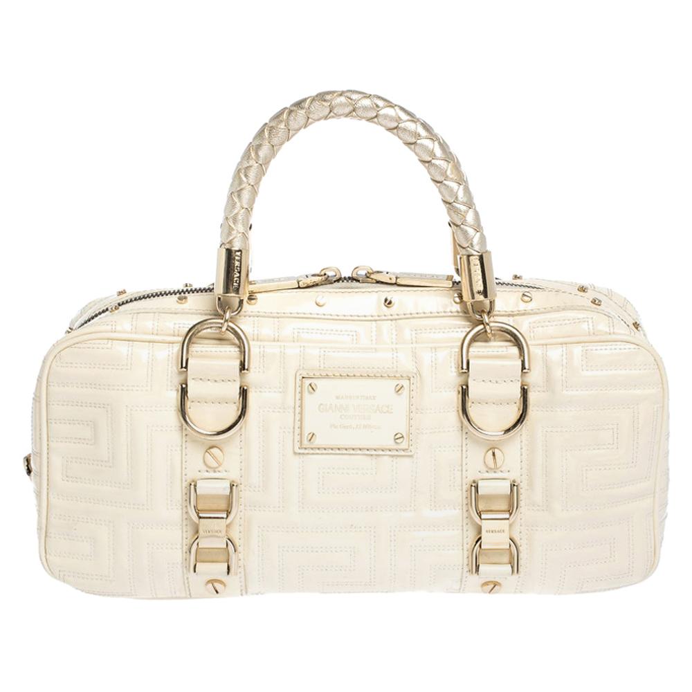 Gianni Versace Light Cream Quilted Patent Leather Bowler Bag