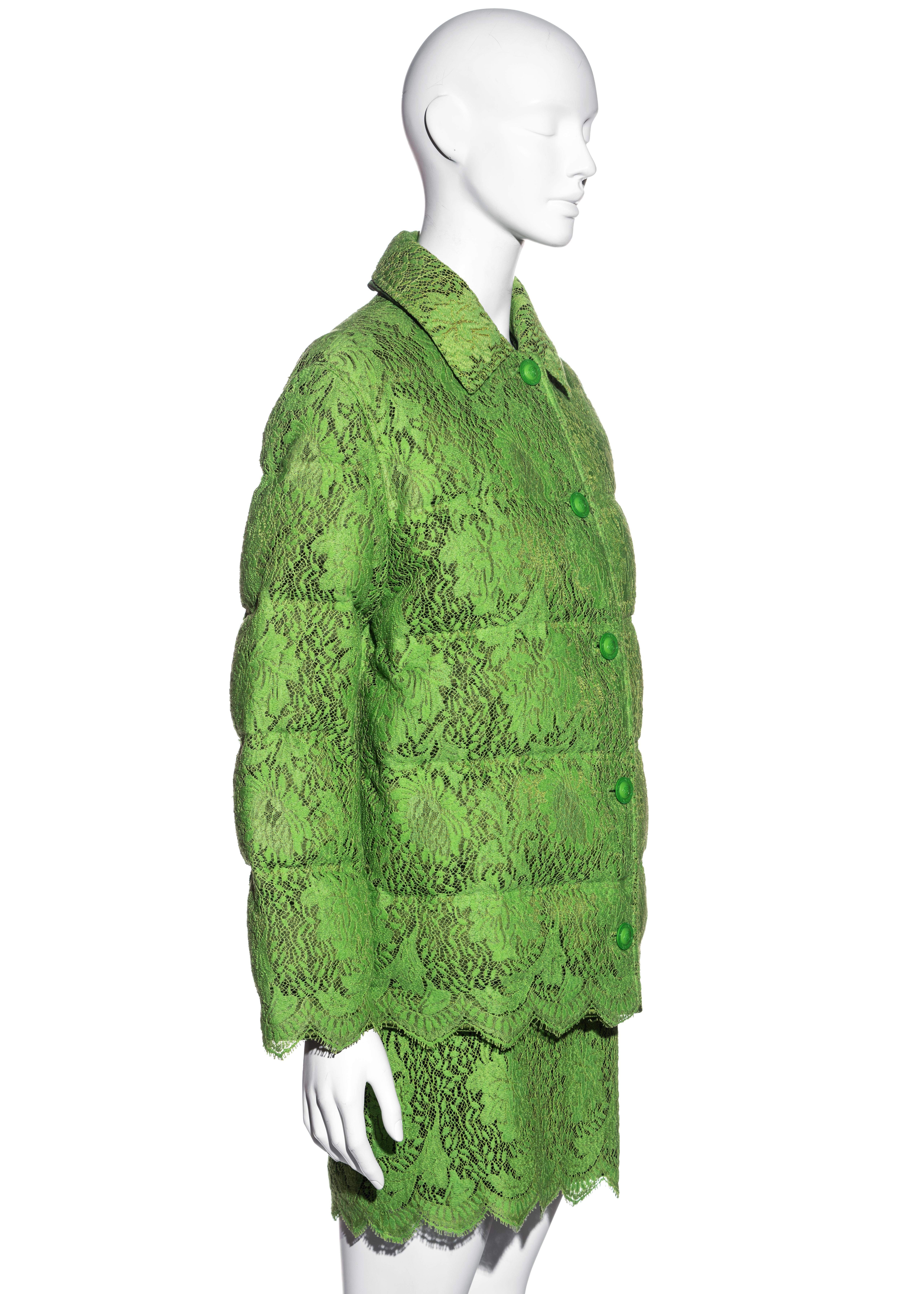 Green Gianni Versace lime green lace goose down puffer jacket and skirt set, fw 1996 For Sale