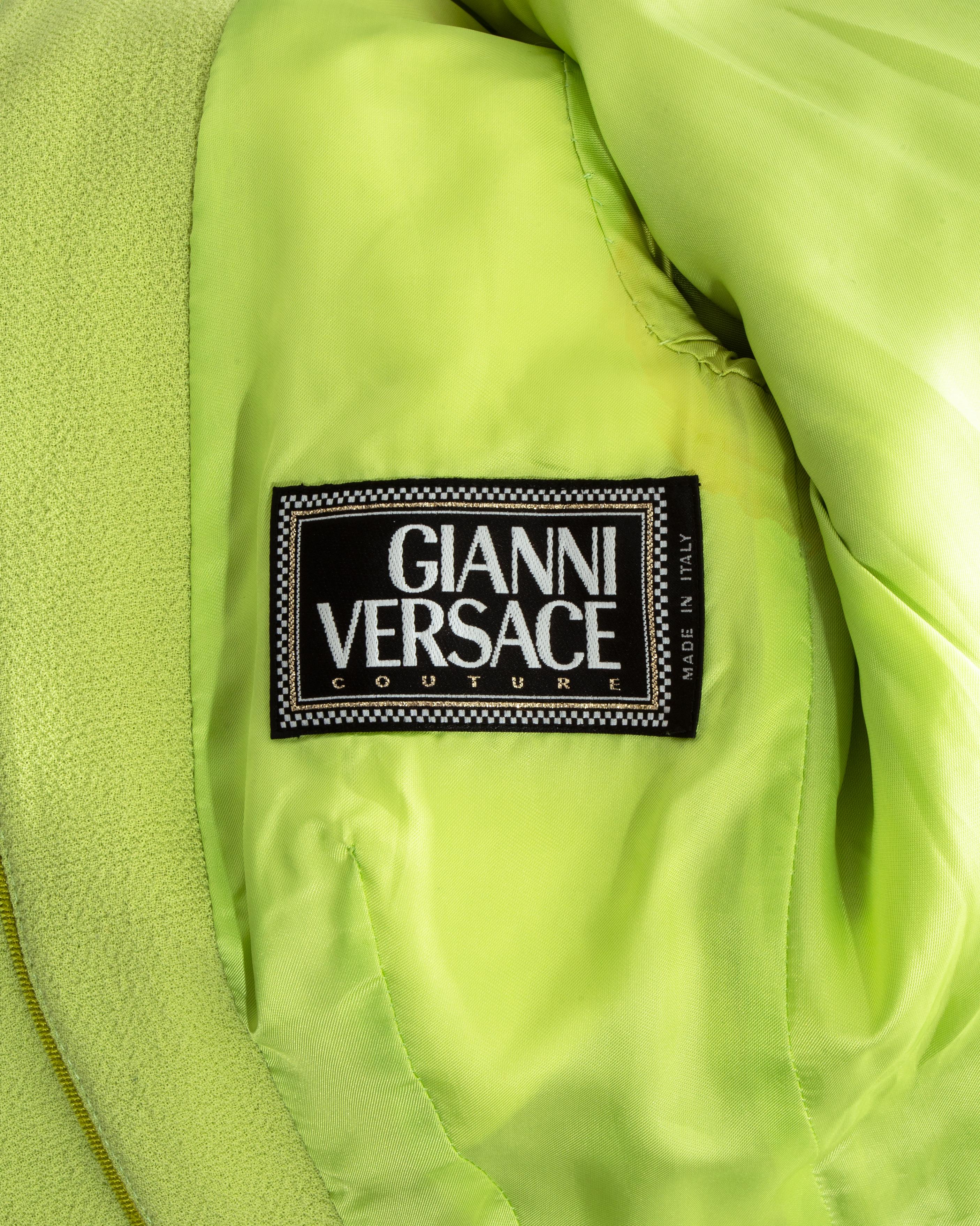 Gianni Versace lime green wool and leather buckle bondage skirt suit, fw 1992 2