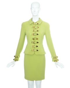 Gianni Versace lime green wool and leather buckle bondage skirt suit, fw 1992