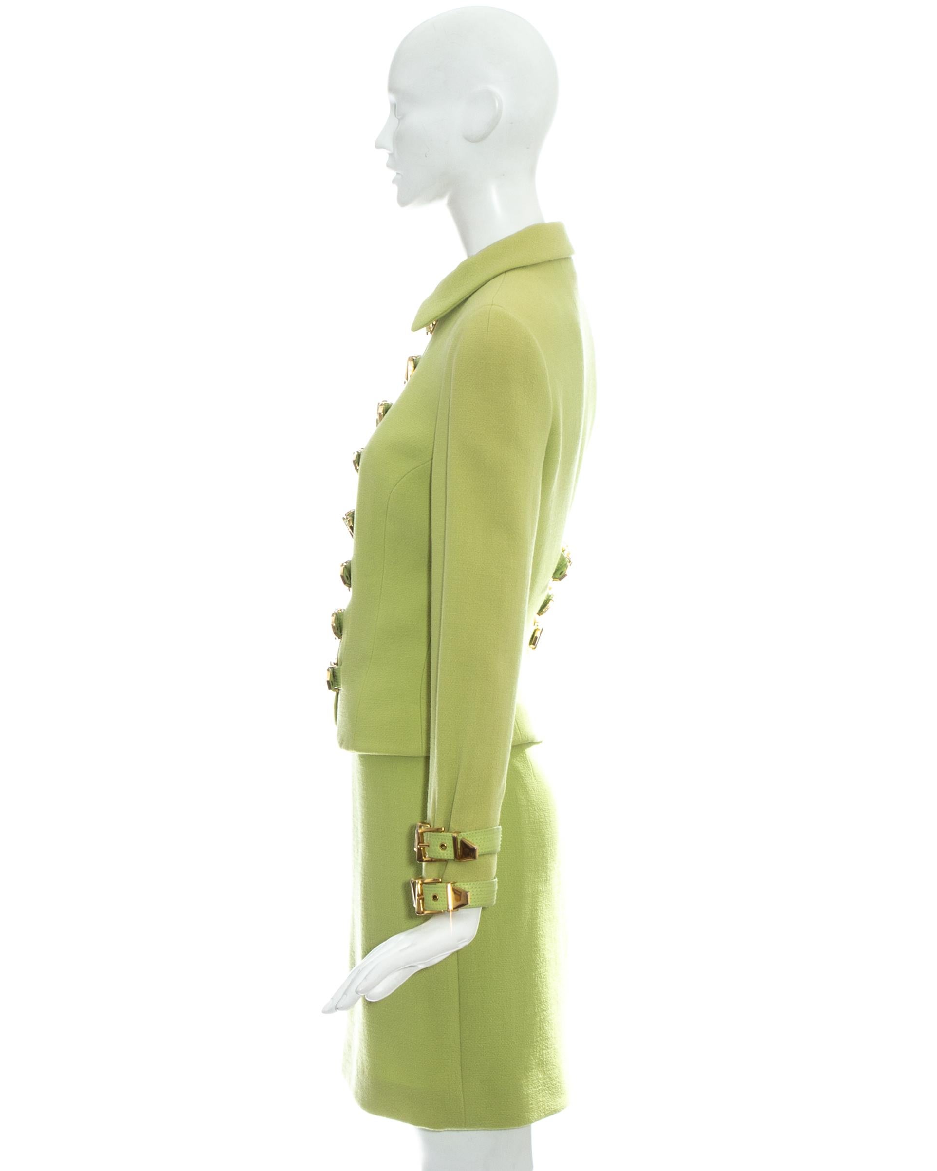 Gianni Versace lime green wool and leather buckle bondage skirt suit, fw 1992 In Good Condition In London, GB