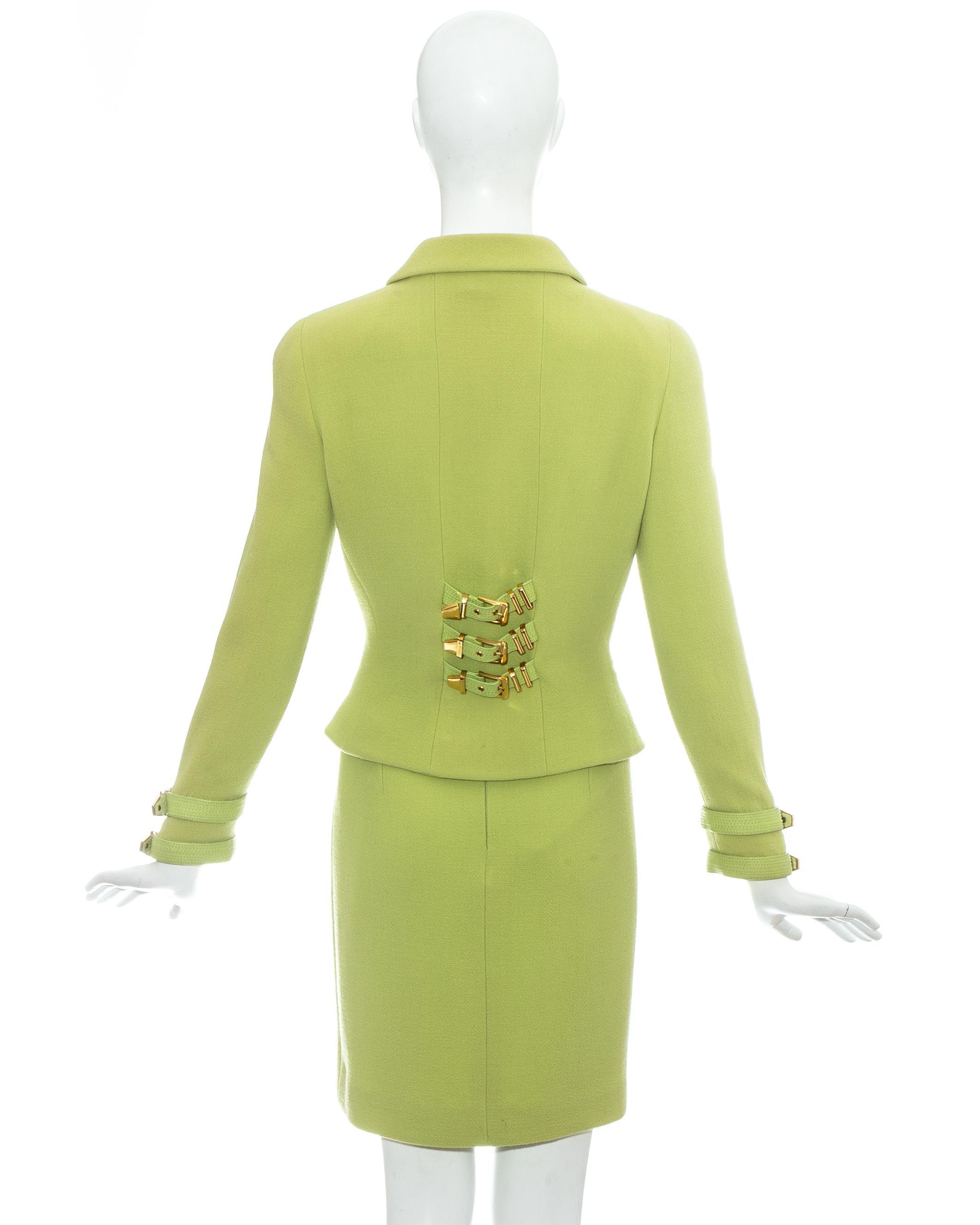 Women's Gianni Versace lime green wool and leather buckle bondage skirt suit, fw 1992