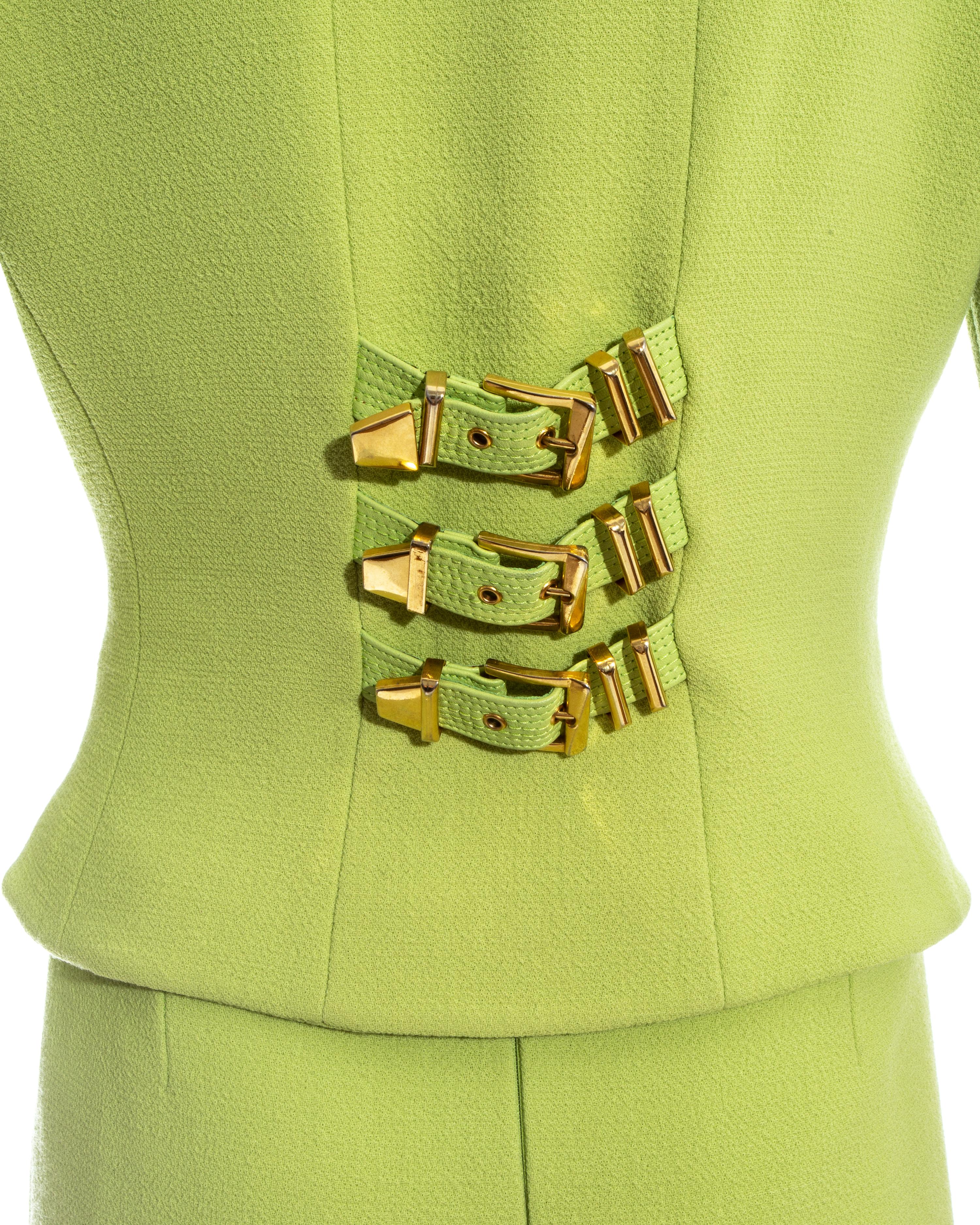 Gianni Versace lime green wool and leather buckle bondage skirt suit, fw 1992 1