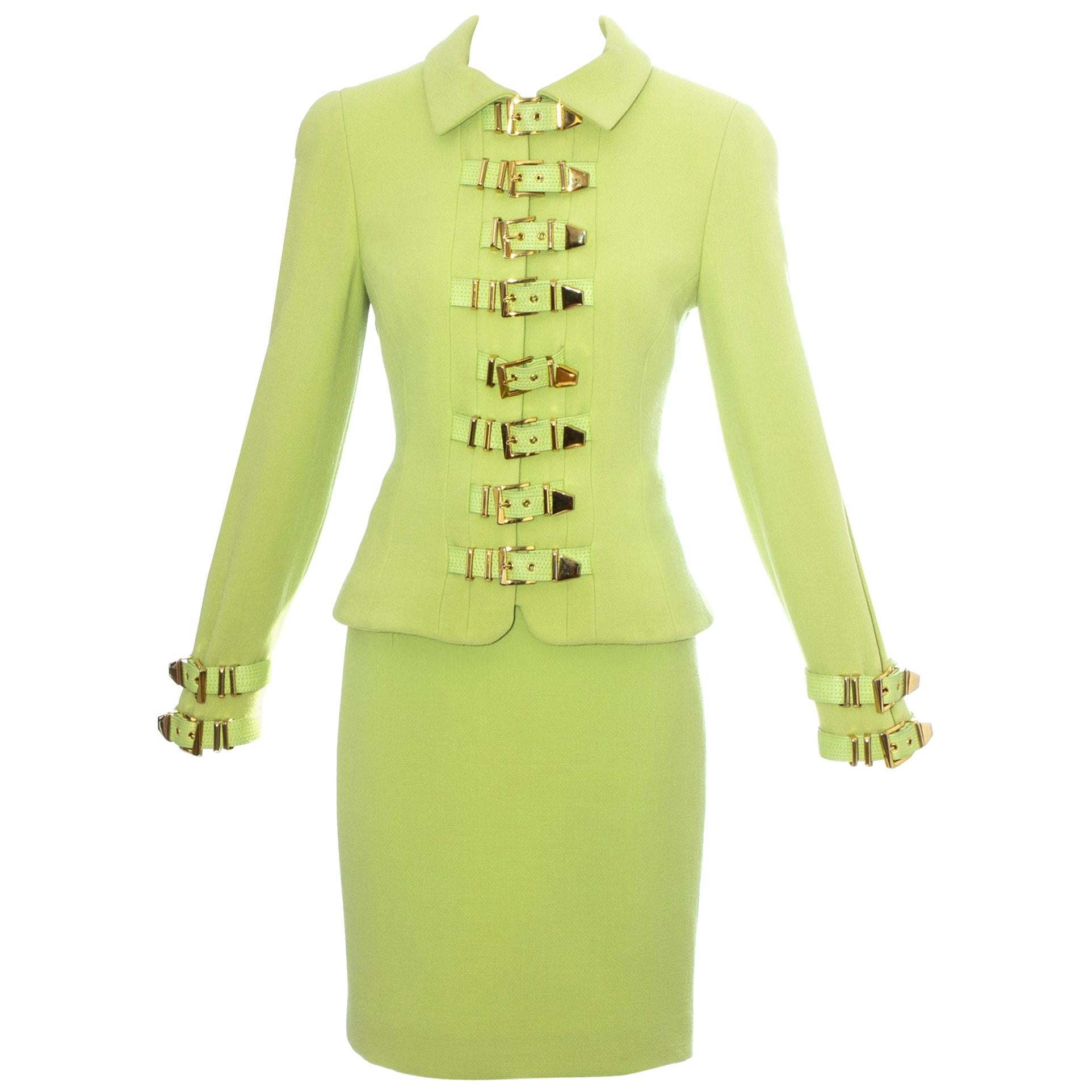 Gianni Versace lime green wool and leather buckle bondage skirt suit, fw 1992