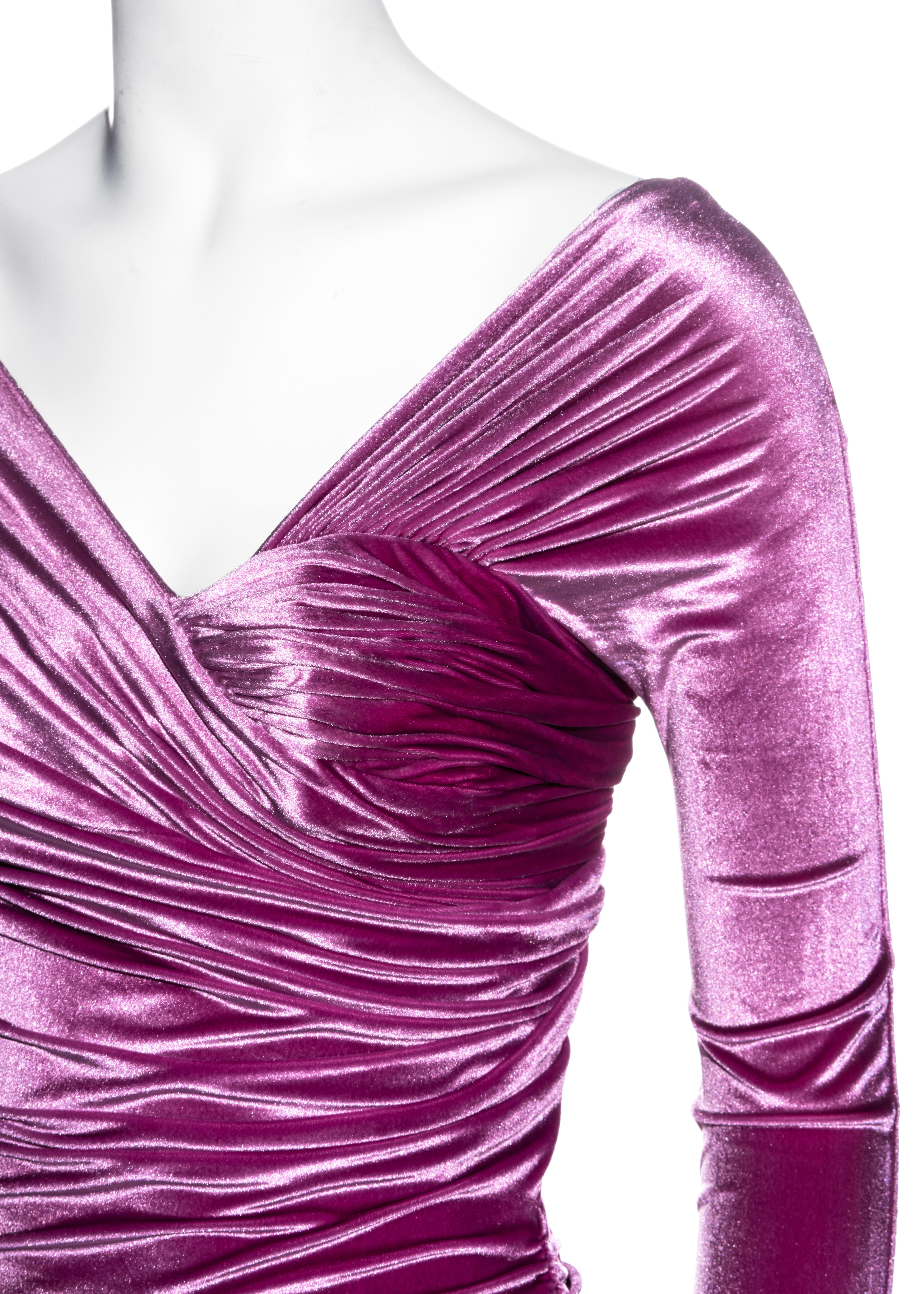 Gianni Versace magenta pink velvet ruched evening dress, fw 1995 In Excellent Condition In London, GB