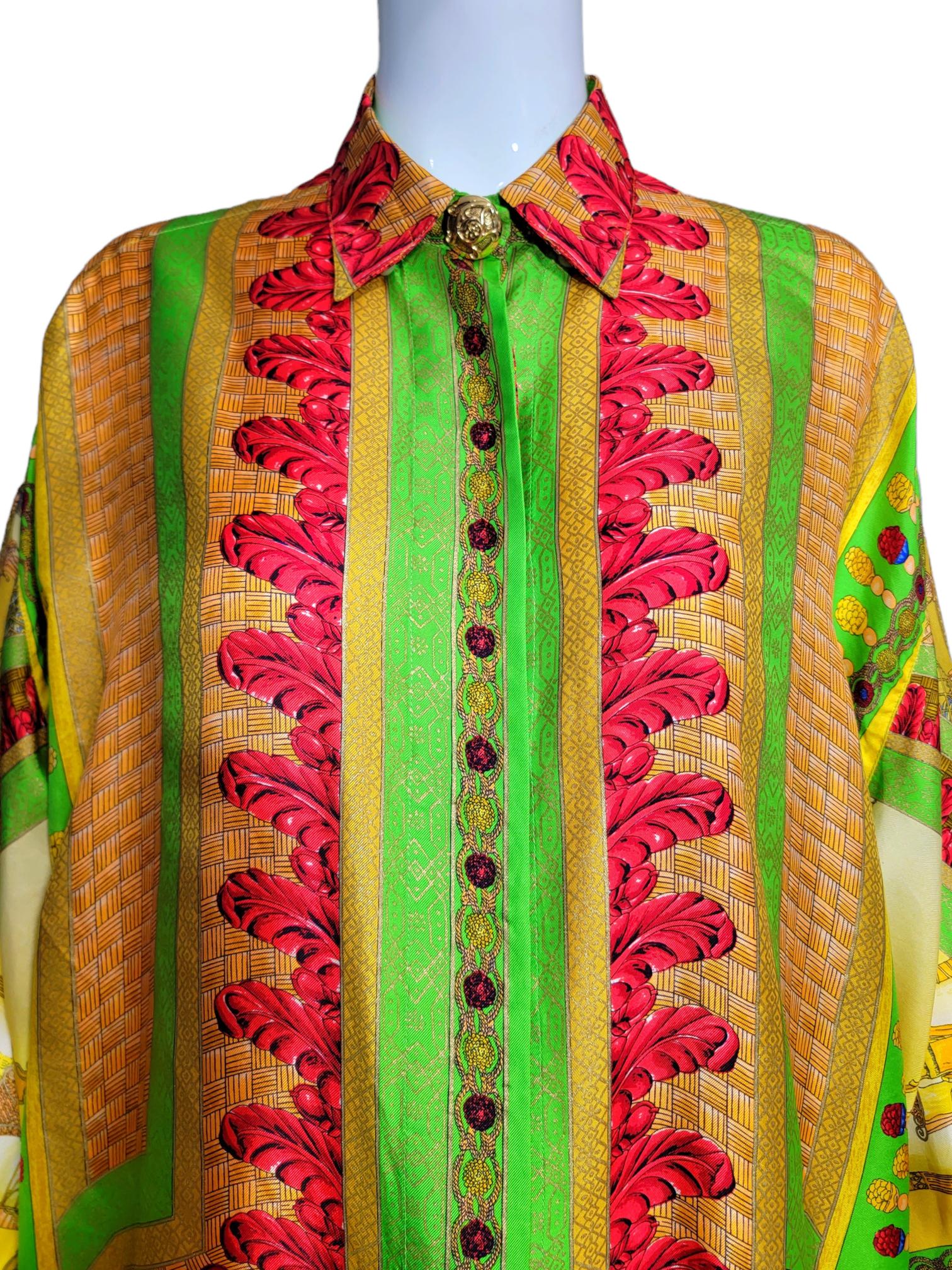 Yellow Gianni Versace Marco Polo Silk Shirt Chinese Emperor Peacocks 1992 