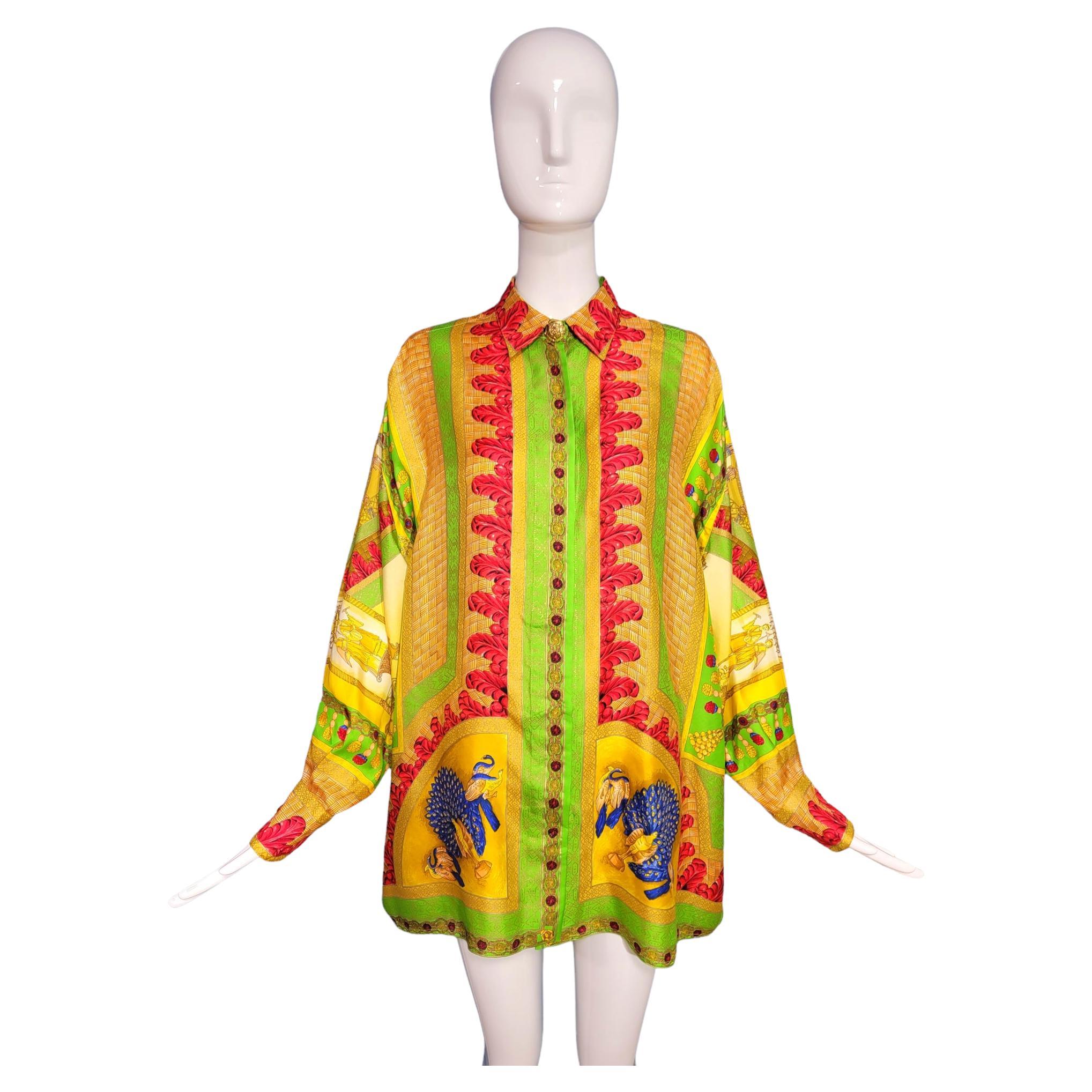 Gianni Versace Marco Polo Silk Shirt Chinese Emperor Peacocks 1992