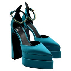 Gianni Versace Medusa Aevitas Pointy Teal Blue Satin Pumps