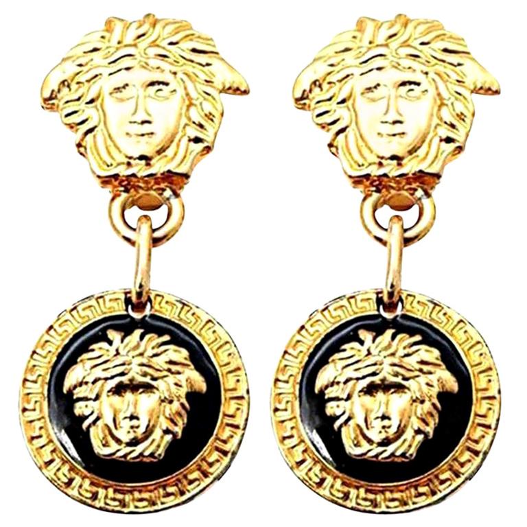 Gianni Versace Medusa Black/Gold Earrings For Sale